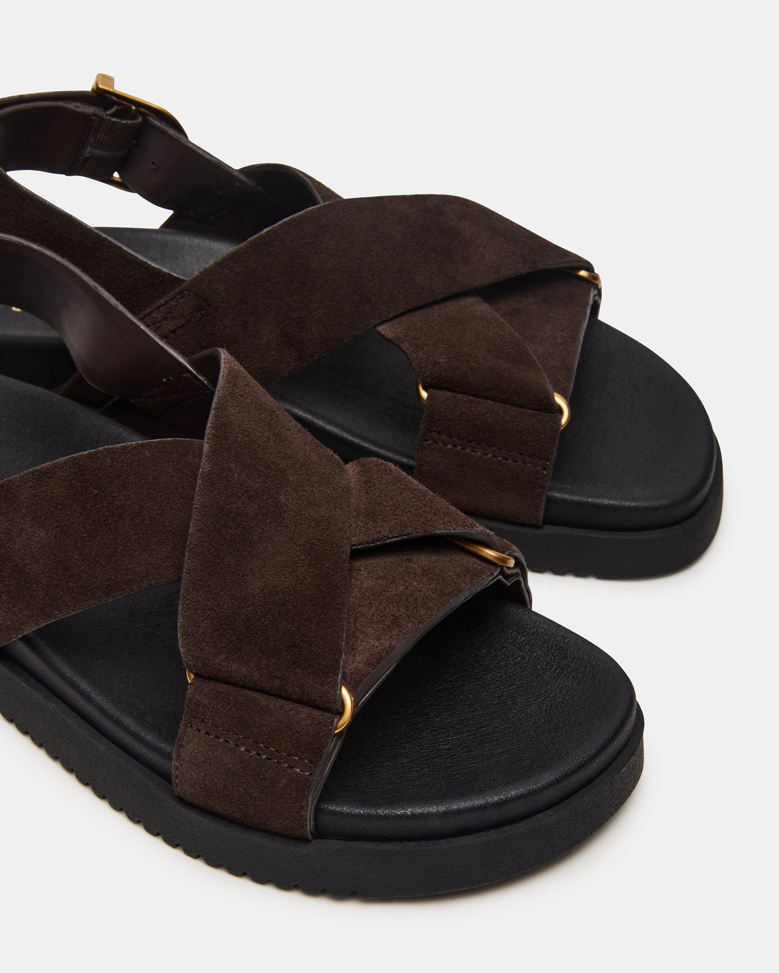 Worn look of Donelli brown suede sandals styled with casual and dressy outfits