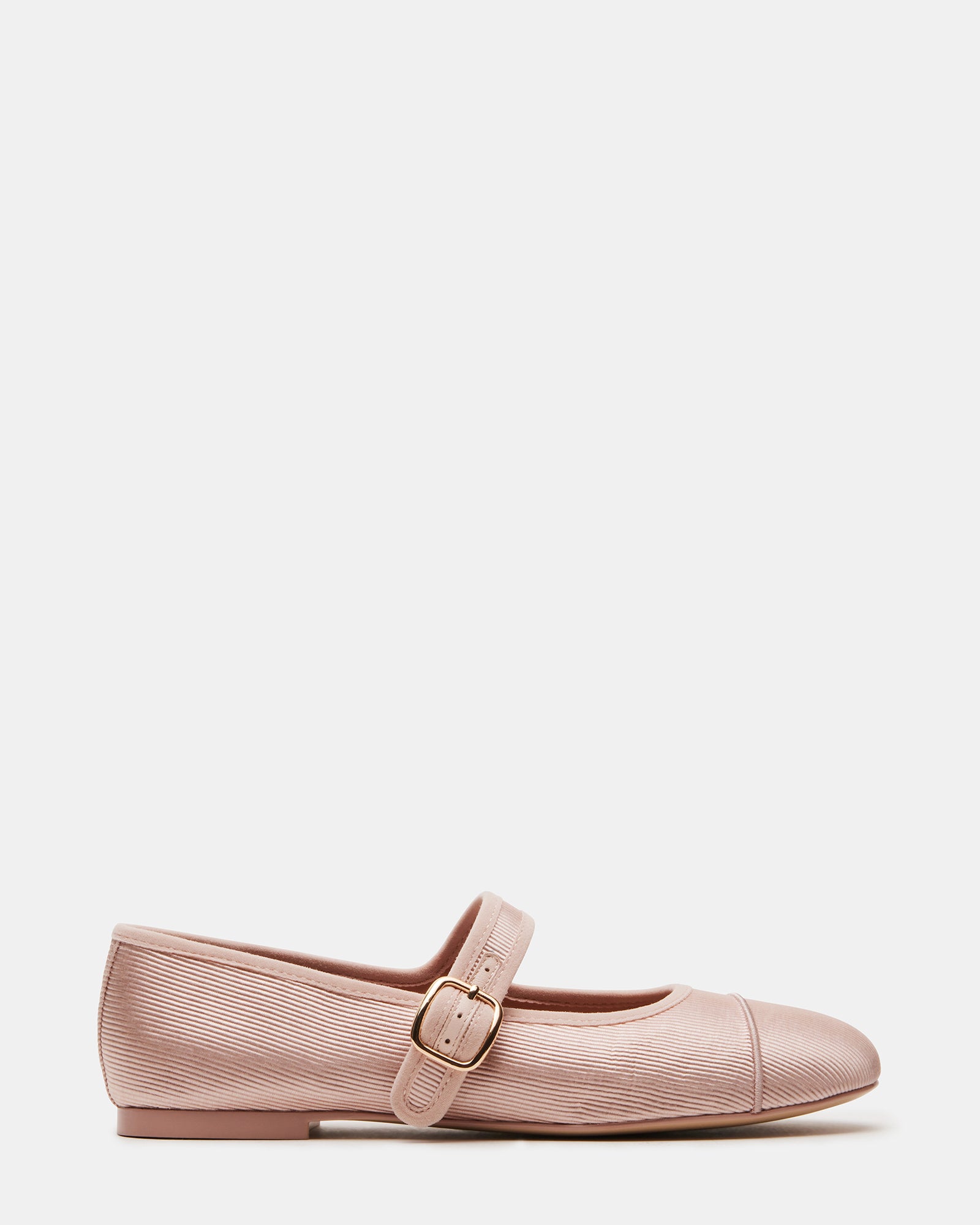 Side view of blush satin ballet flats with buckle strap, perfect for everyday wear.