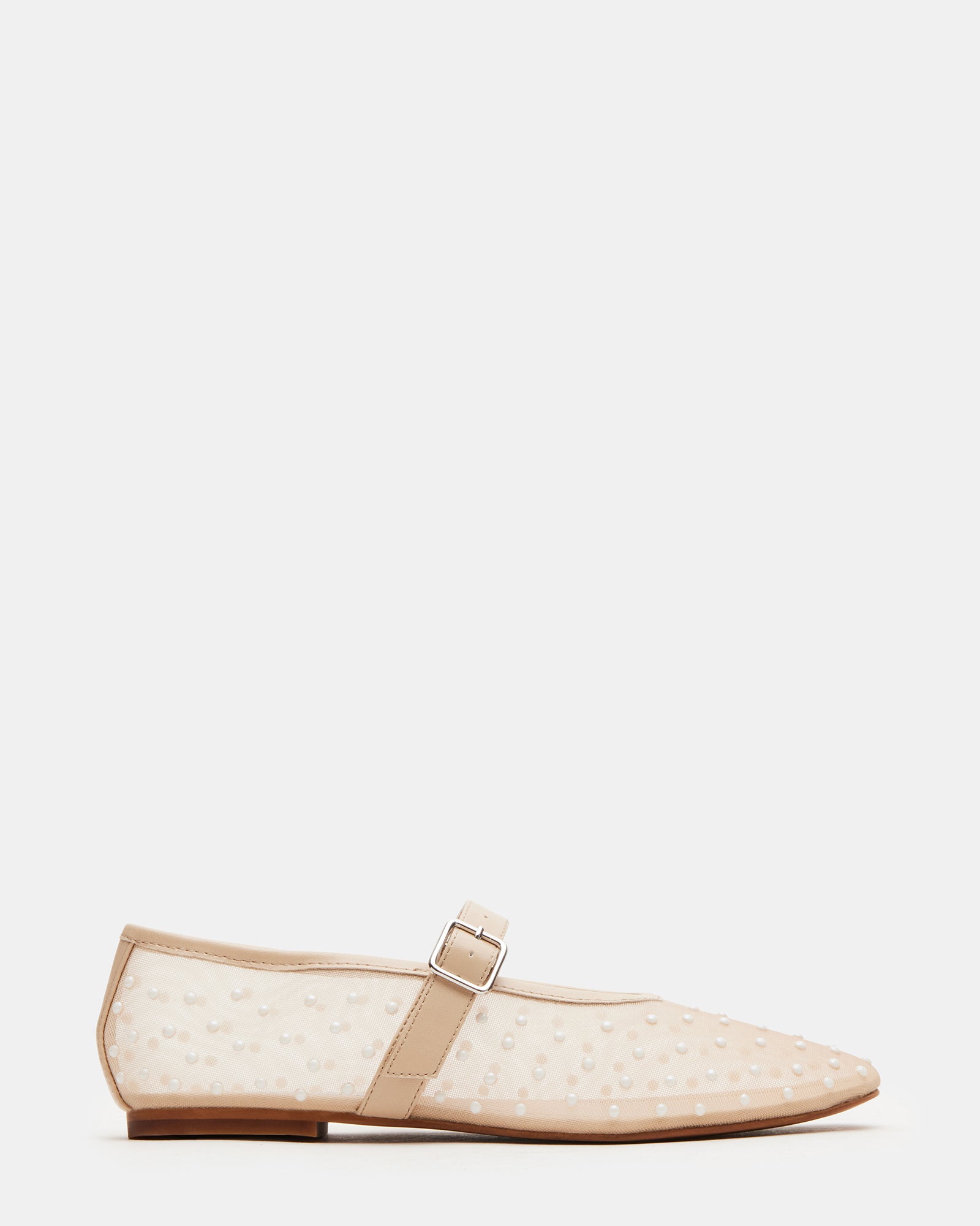 Close-up of pearl embellished ivory ballet flats with a classic design.