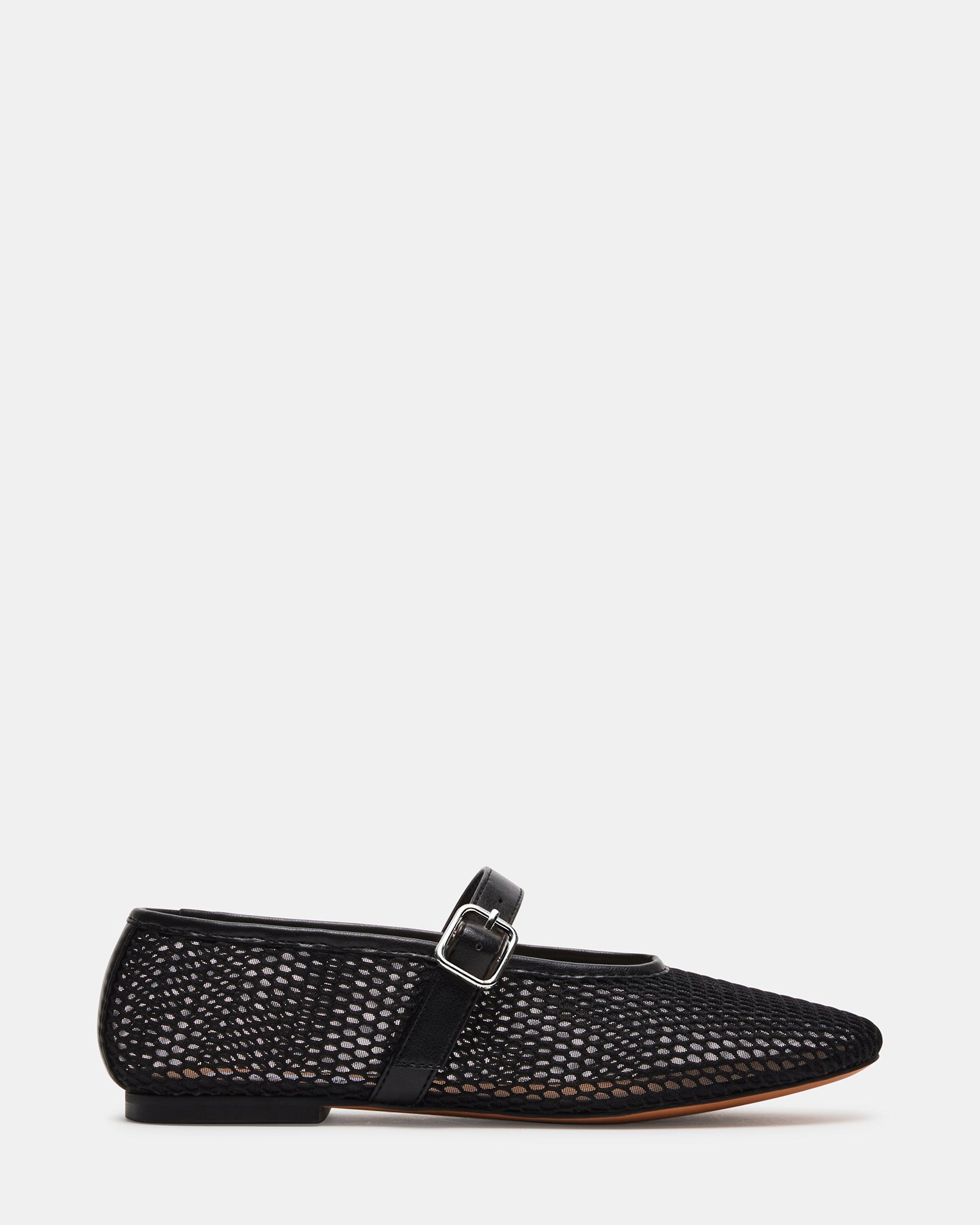 Black ballet flats from a side angle, showcasing the Mary Jane strap and mesh detail.