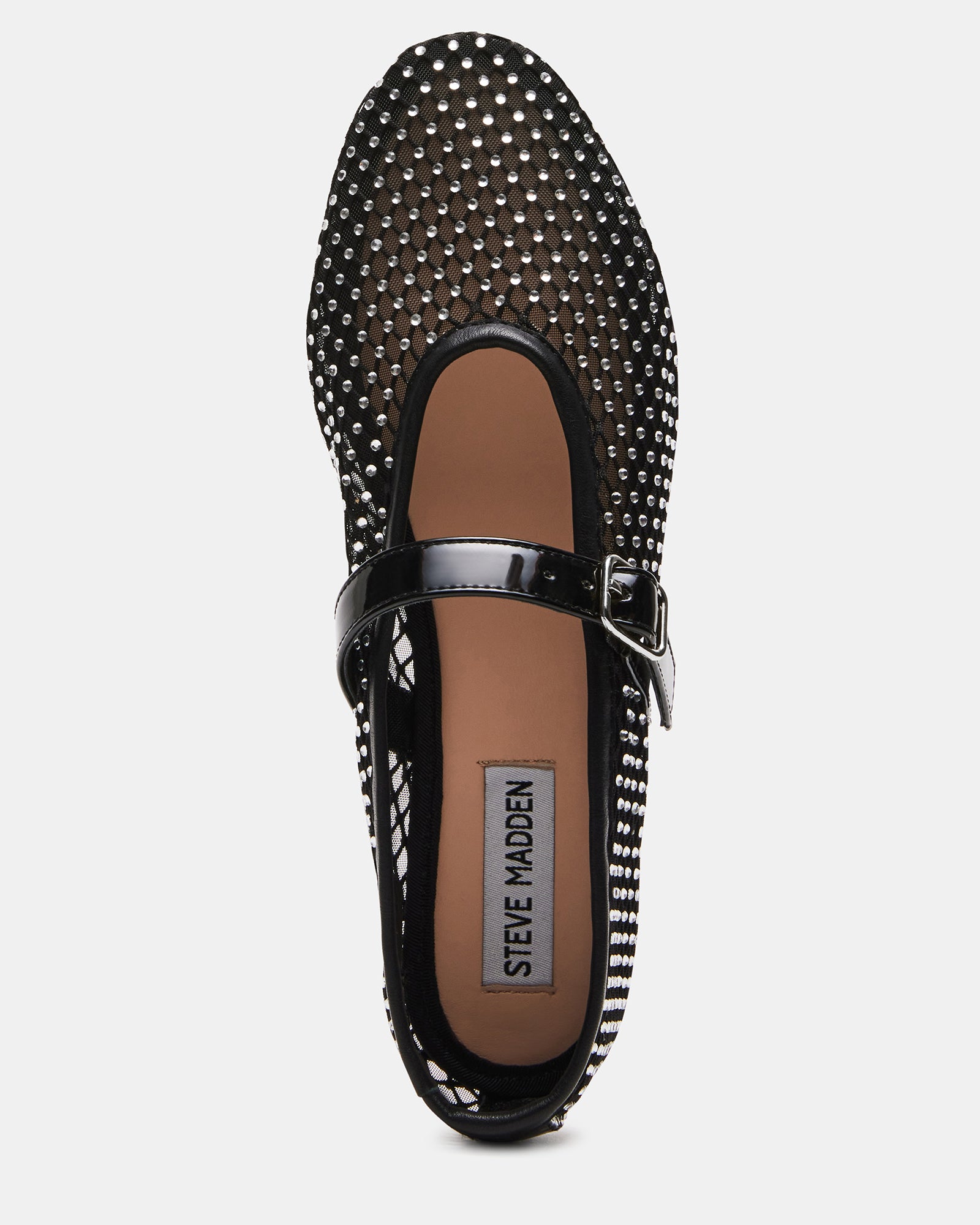 Top view of ballet ballerina flats displaying Mary Jane strap and soft inner lining