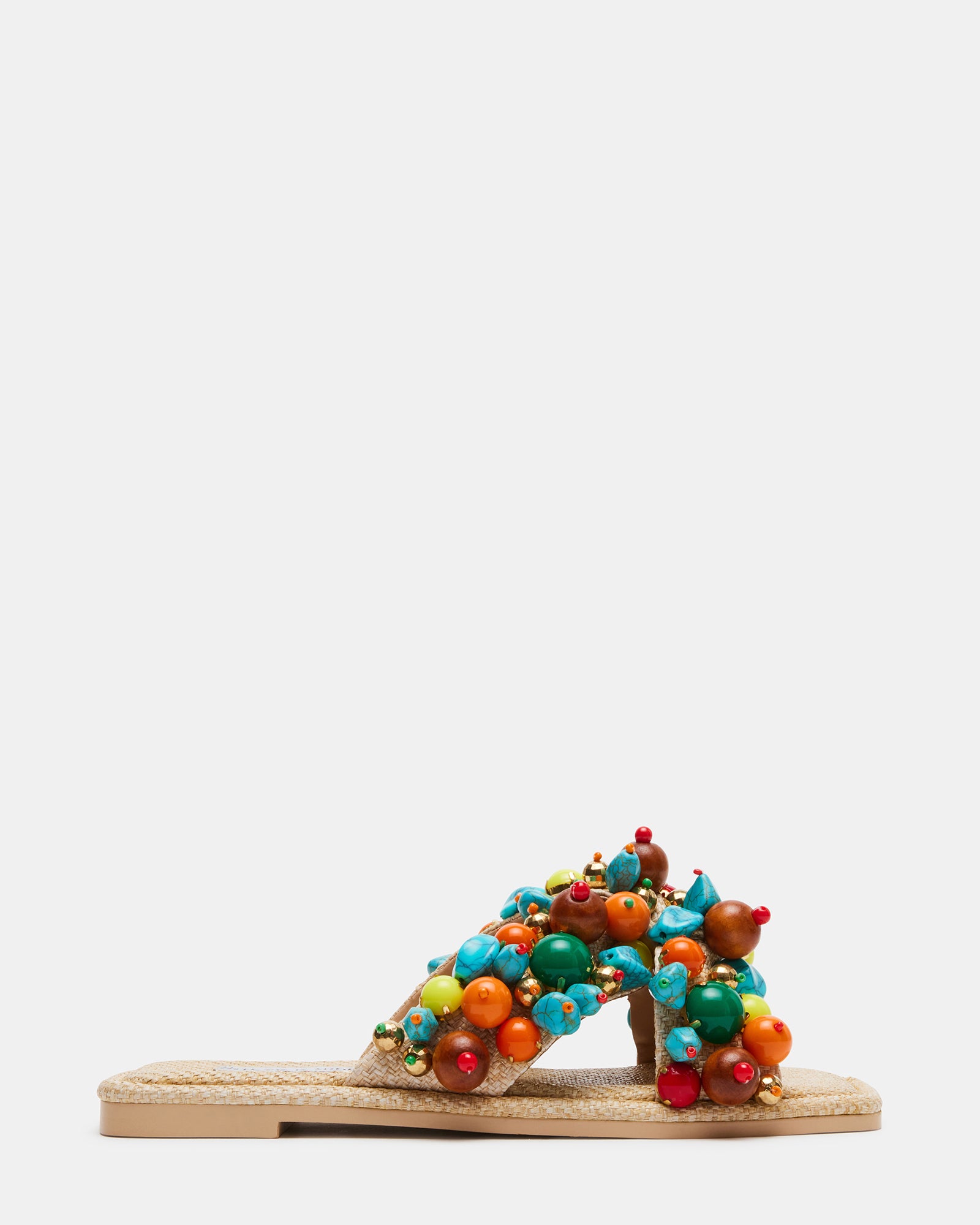 Top view of square toe sandals showing crisscross raffia straps with embellishments