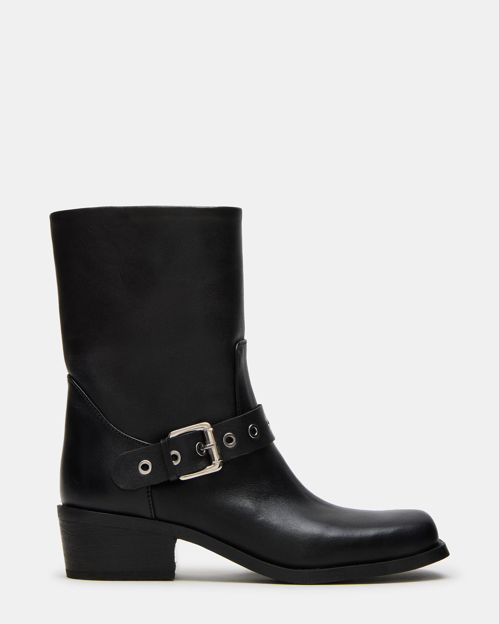 Side view of black leather moto boots showing square toe and buckle finish