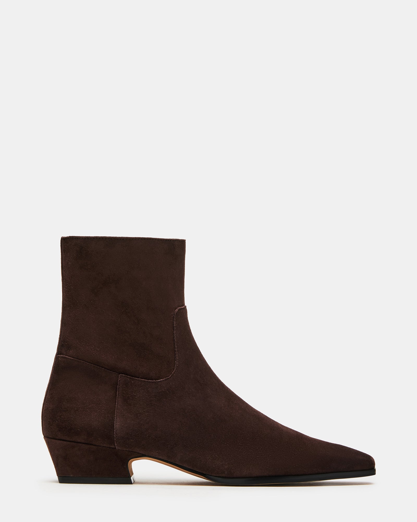 Side view of dusty chocolate square toe boots on a white background.
