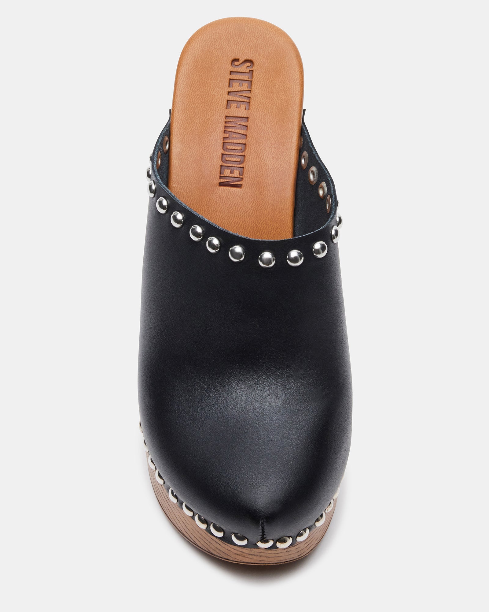 Dutchies black leather heels side view, highlighting studded details and platform sole