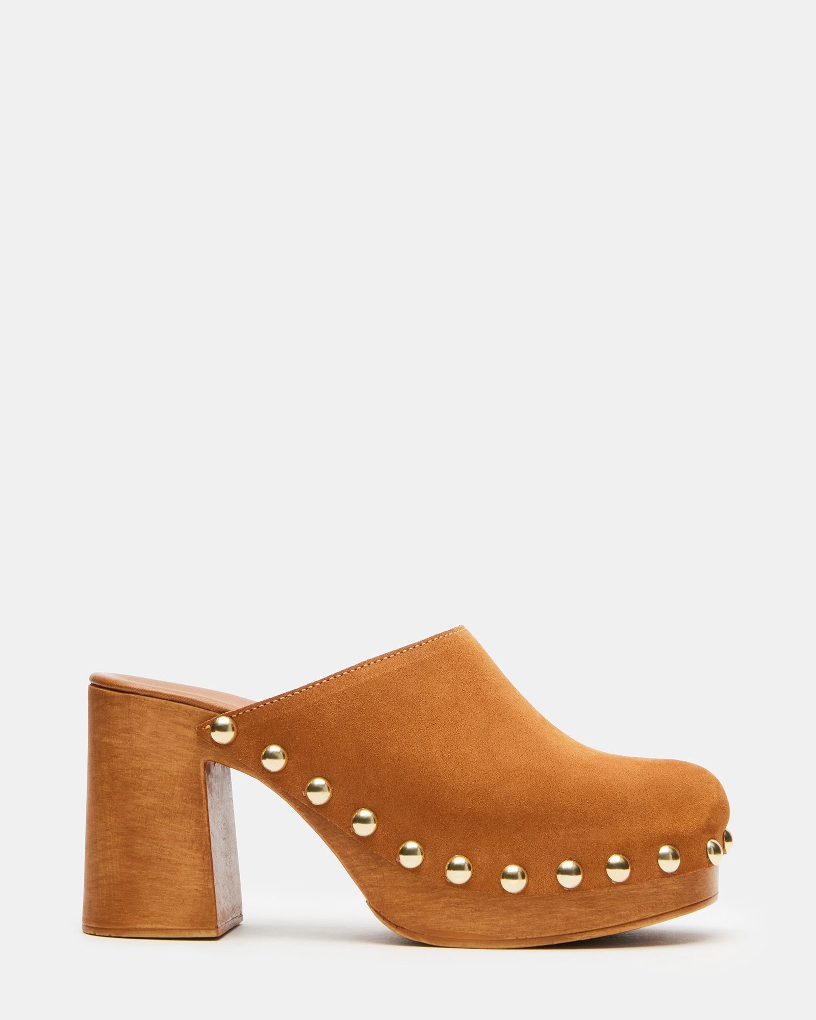 Side view of Dutton chestnut suede platform mule clog with wood bottom