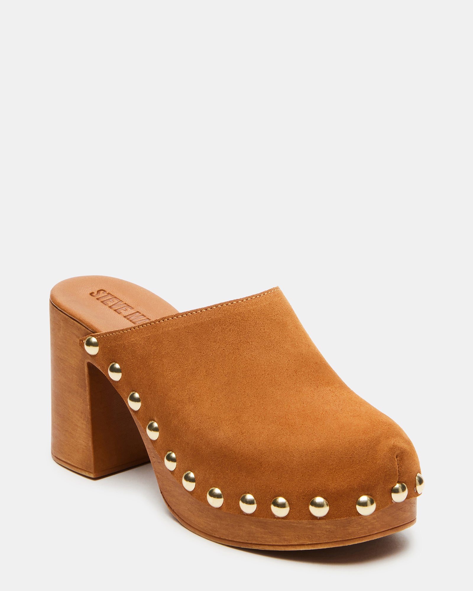 Top view of stylish suede mules with studded design and rounded toe