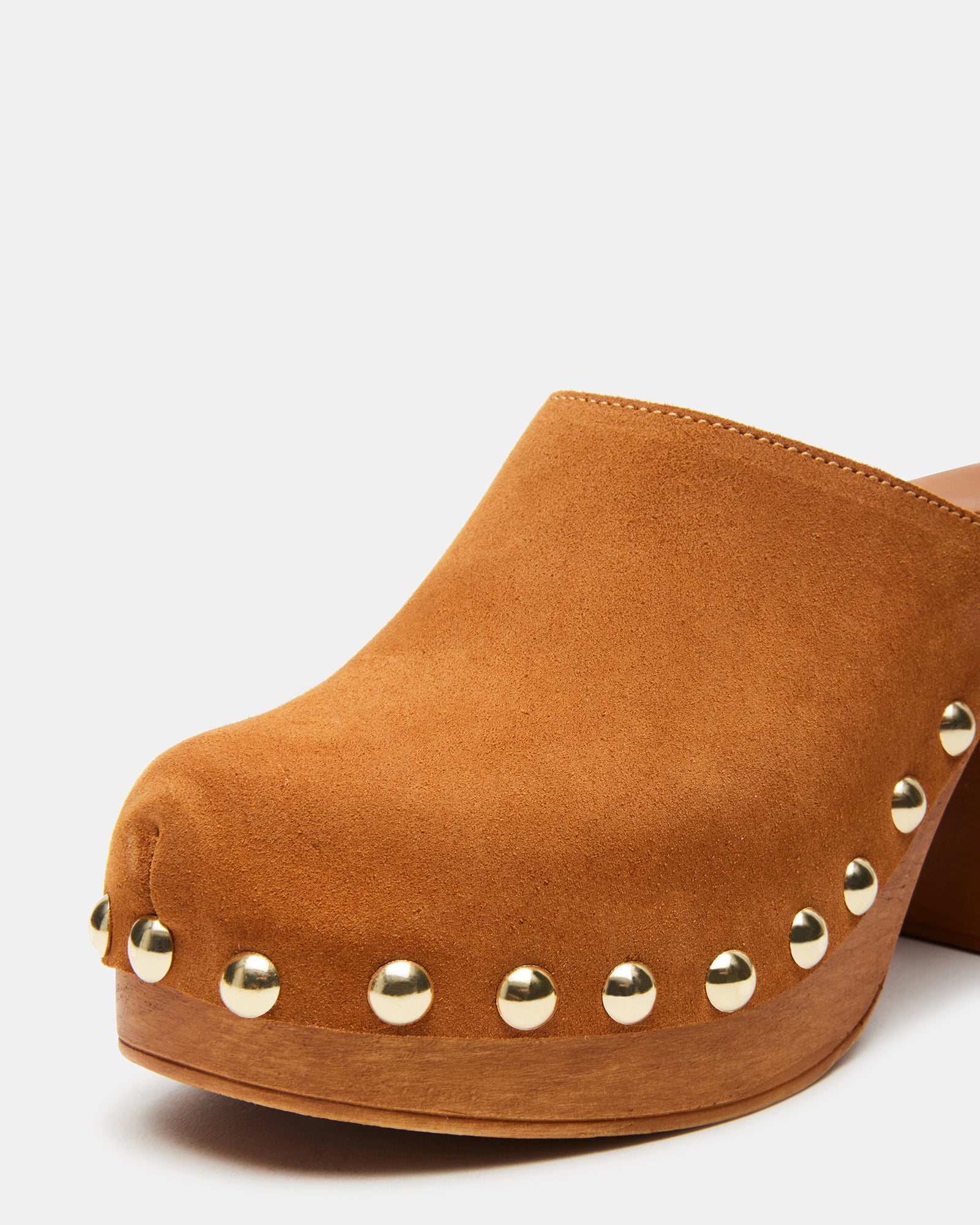 Side view of Dutton chestnut suede platform mule clog with wood bottom