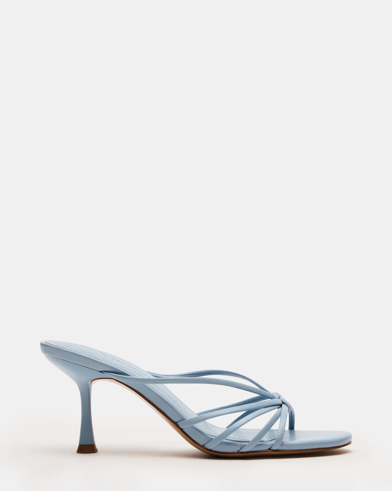 Baby blue leather mary jane shoes with mule heels, front view