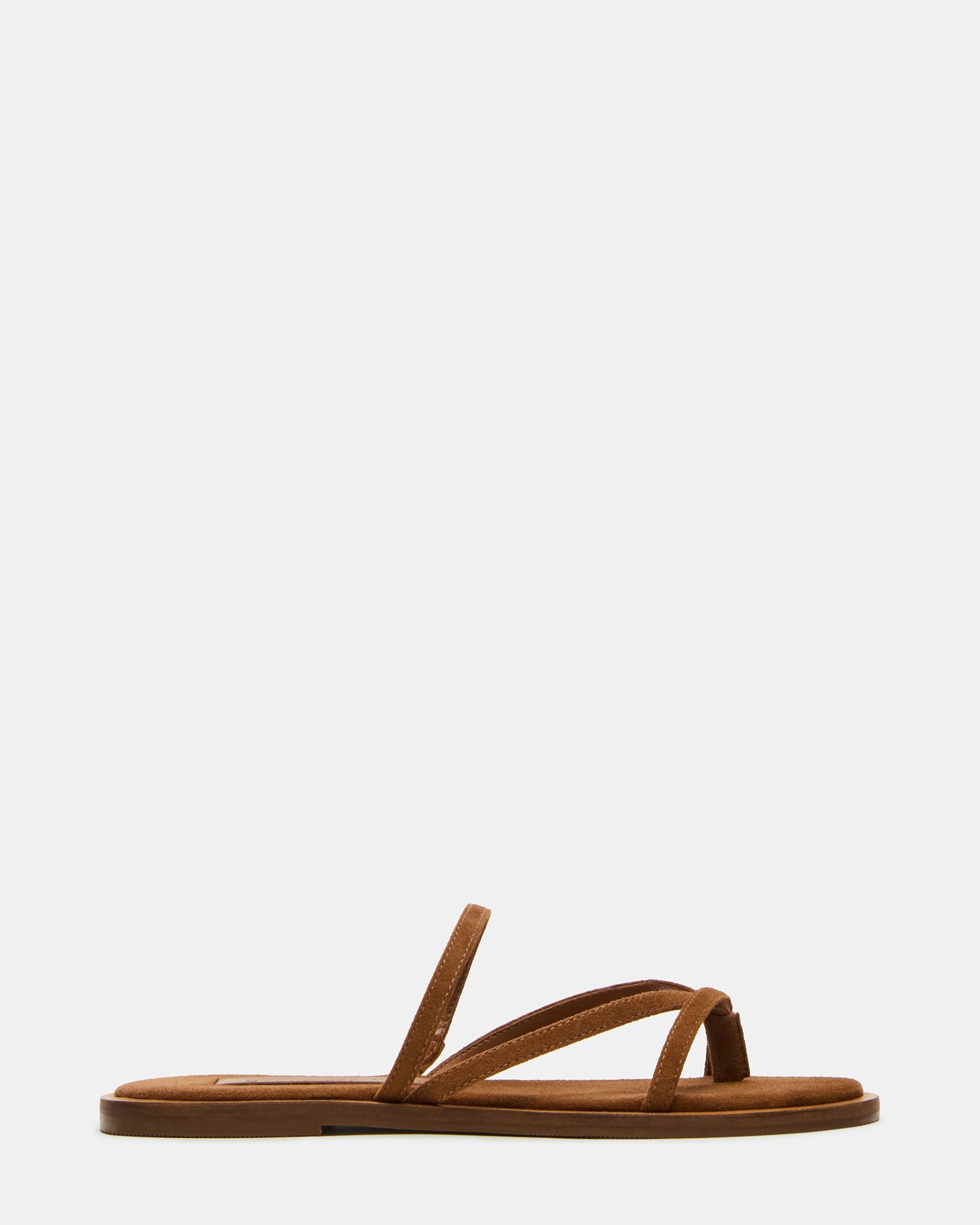 Side view of chestnut suede platform sandals with strappy design