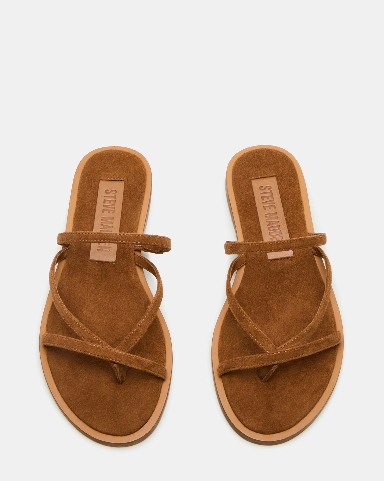 Side view of chestnut suede platform sandals with strappy design
