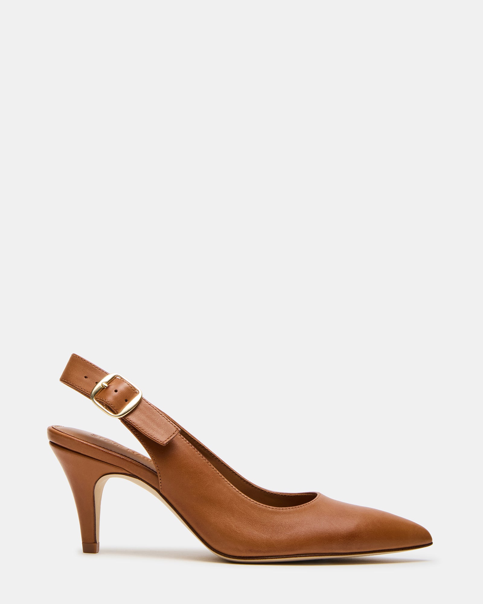 Close-up of Elodine tan leather pumps showing pointed toe detail