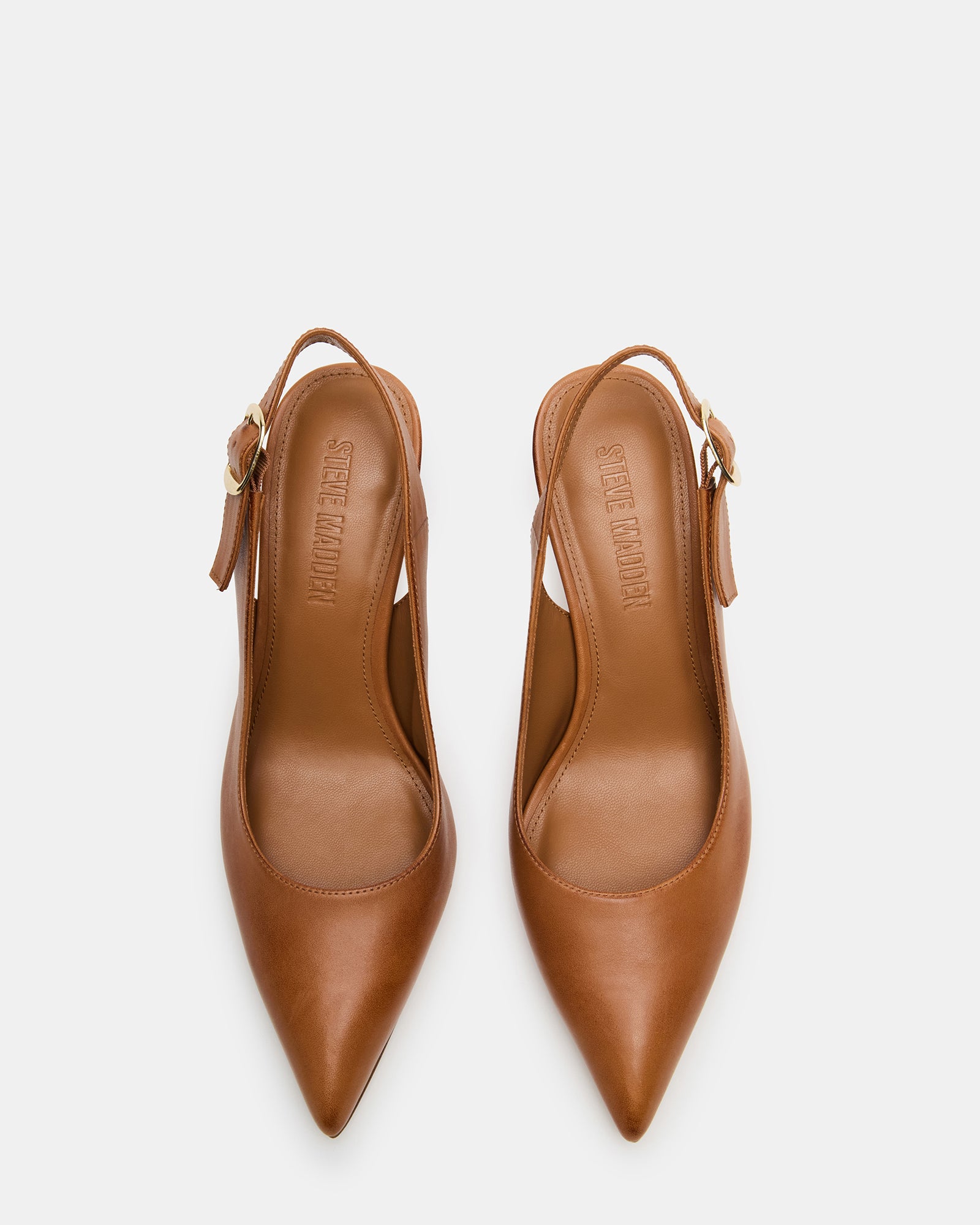 Close-up of Elodine tan leather pumps showing pointed toe detail