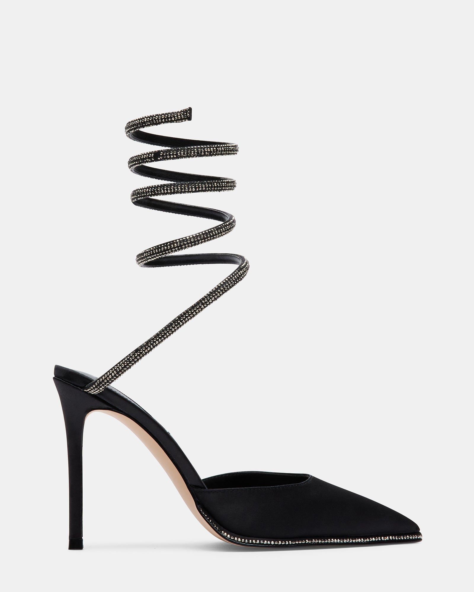 Side view of rhinestone heels showing coiled ankle strap sparkle
