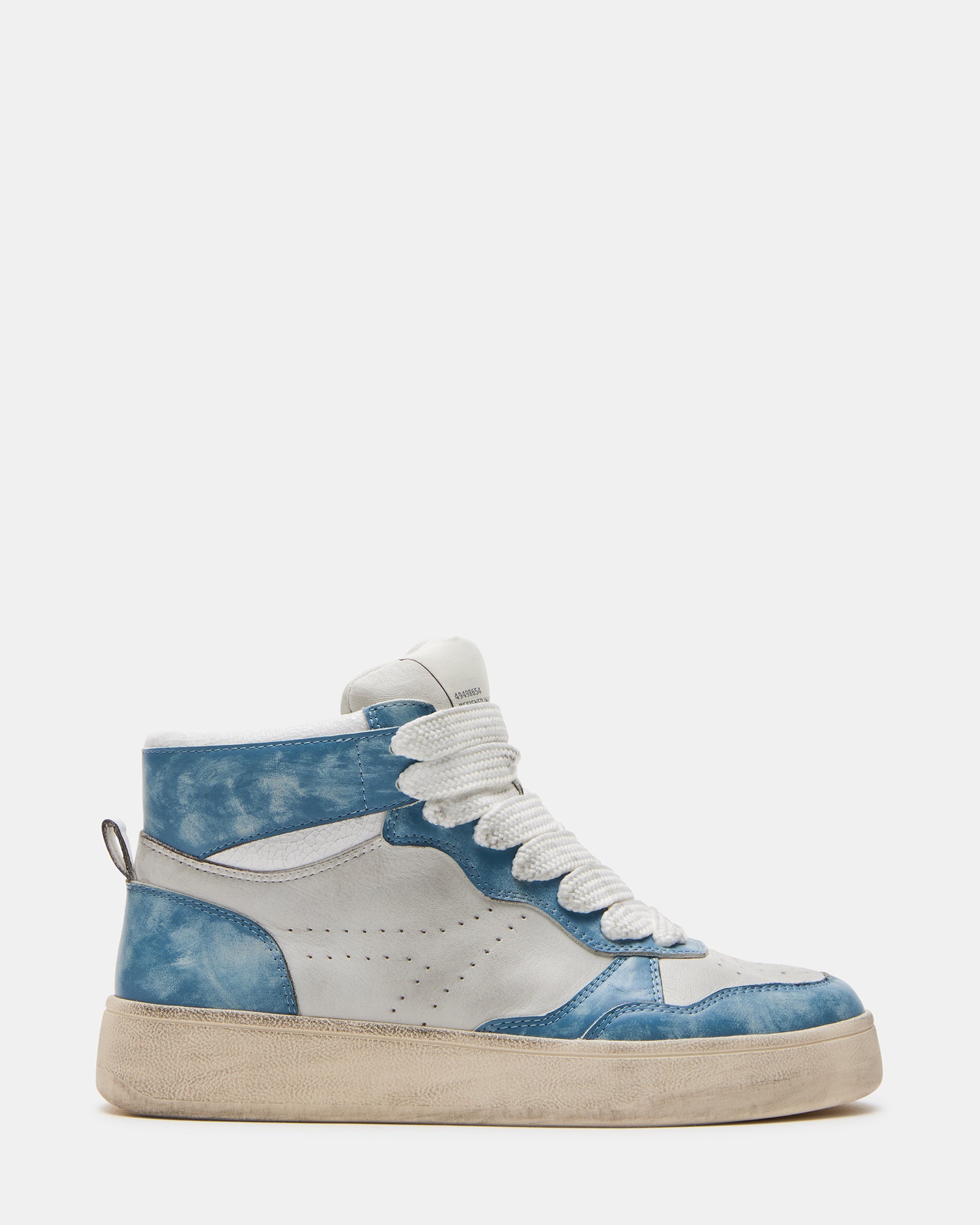 Side view of distressed high top sneakers with wide laces and platform sole