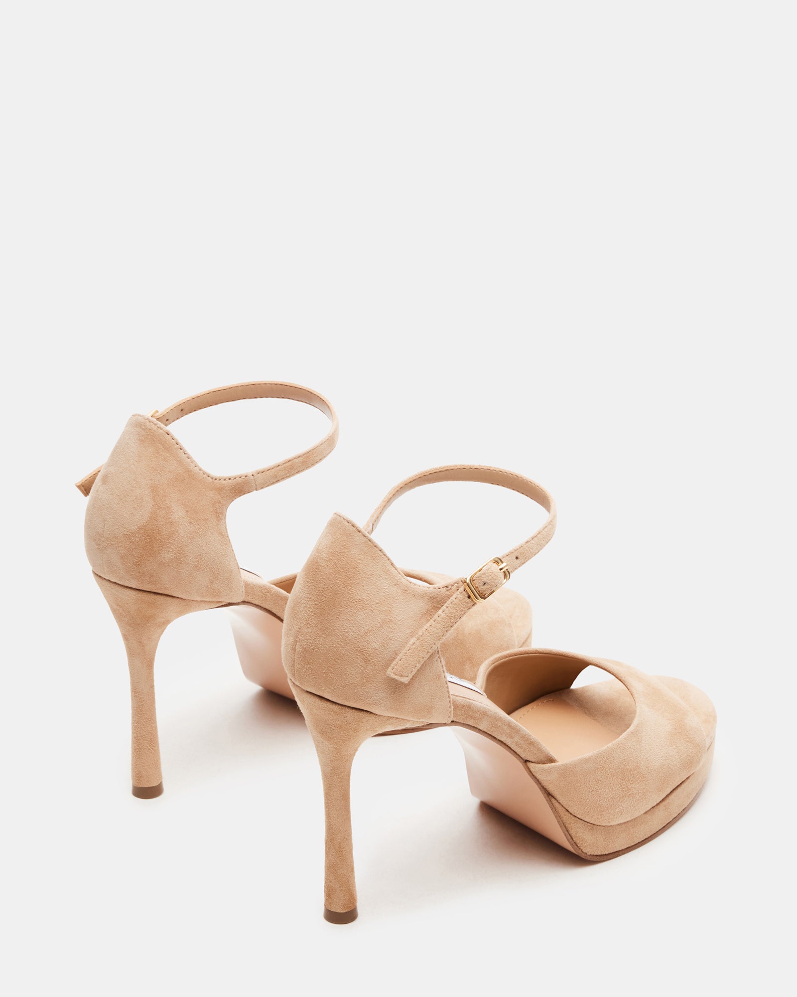 Close-up of Ester heels highlighting the soft suede texture and ankle strap.