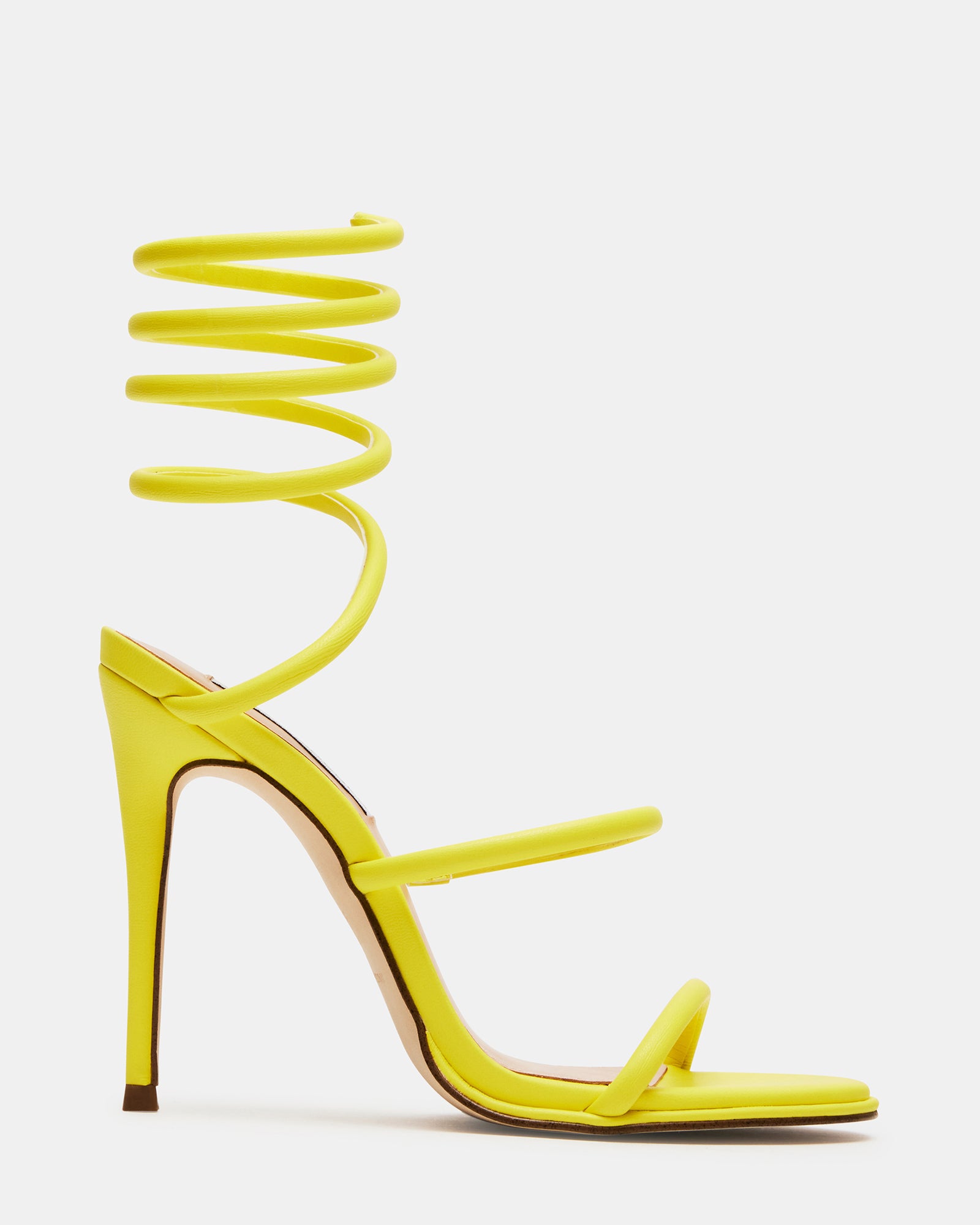 Front angle of yellow stiletto sandals for upscale evening wear