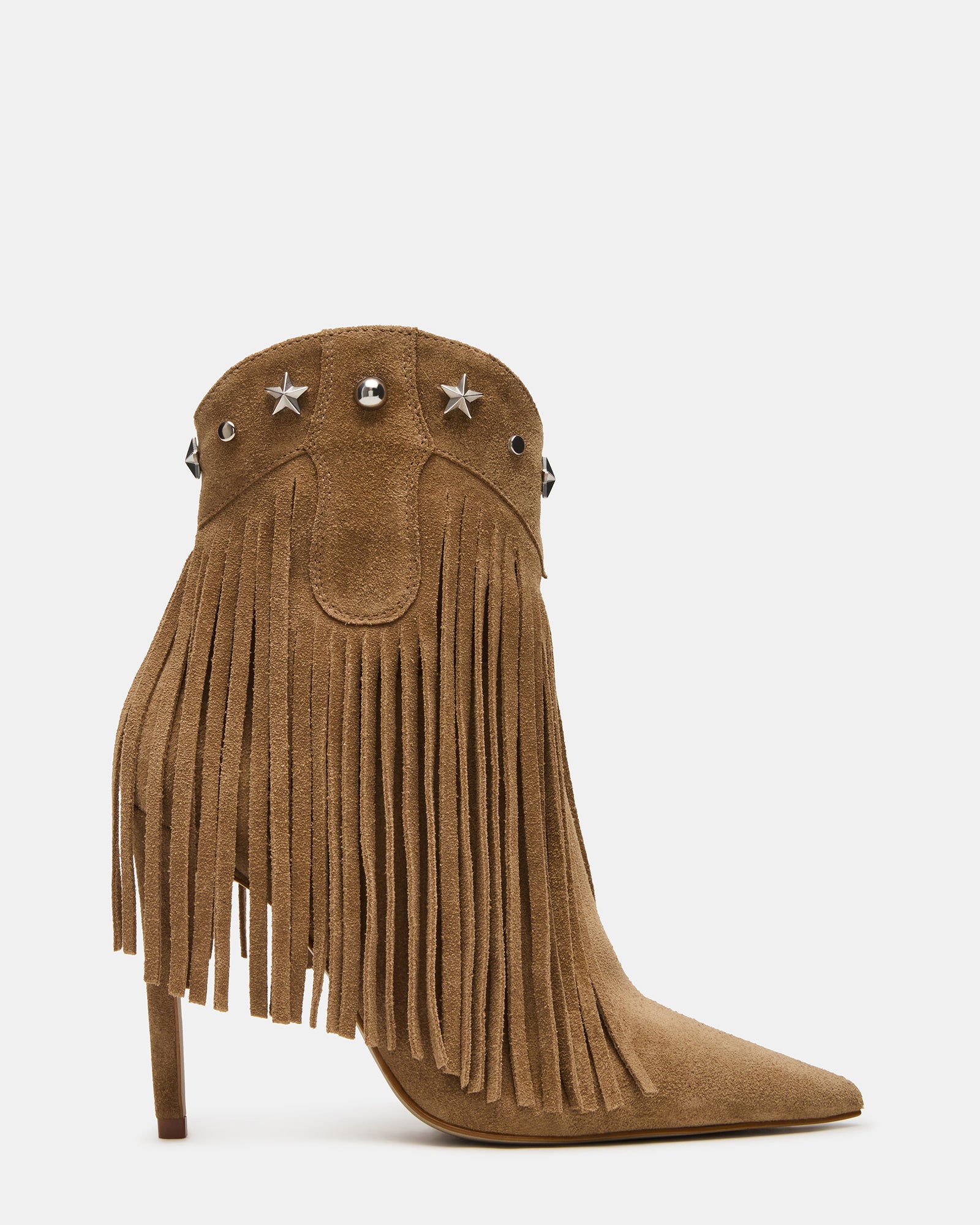 Side view of chestnut suede ankle boots with stiletto heels on a model