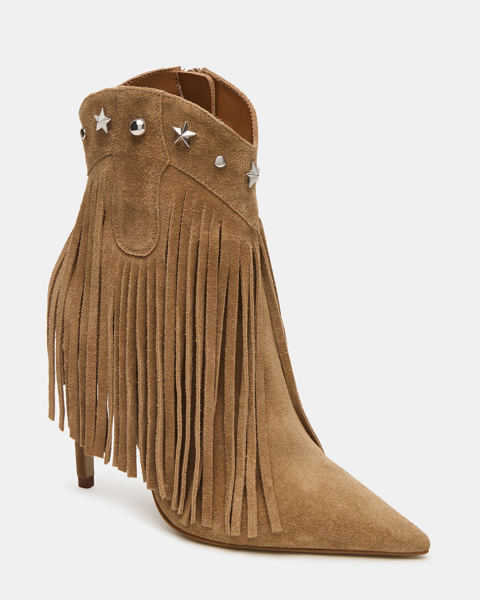 Front view of women’s ankle boots with fringe detail and pointed toe