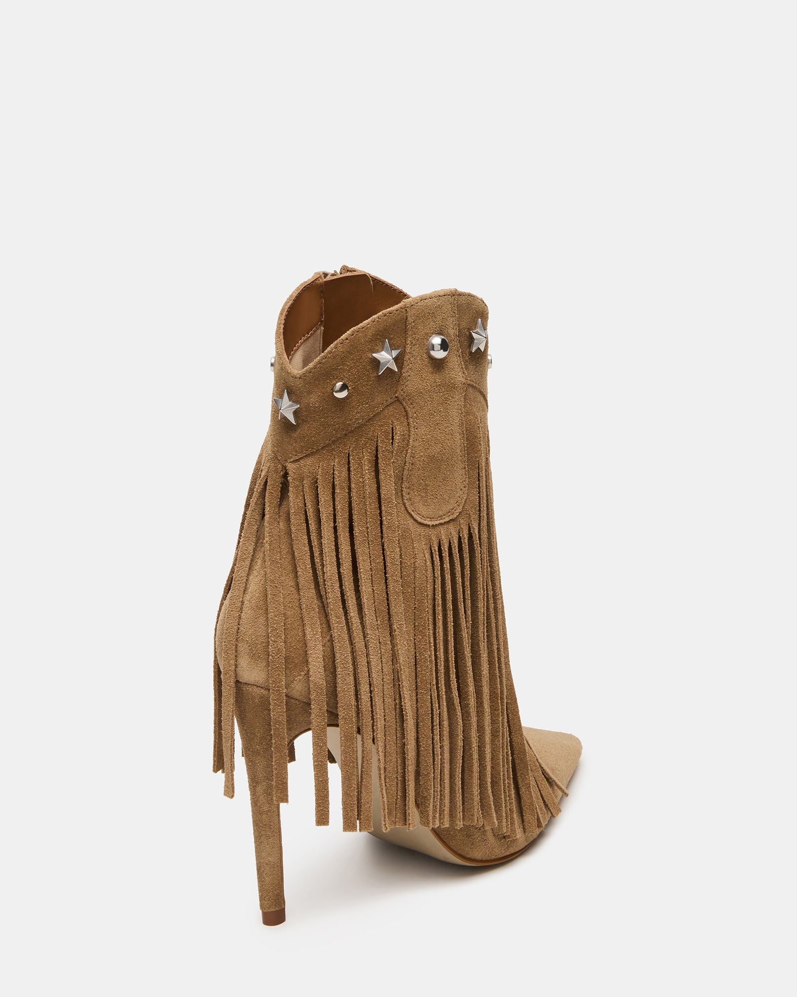 Front view of women’s ankle boots with fringe detail and pointed toe
