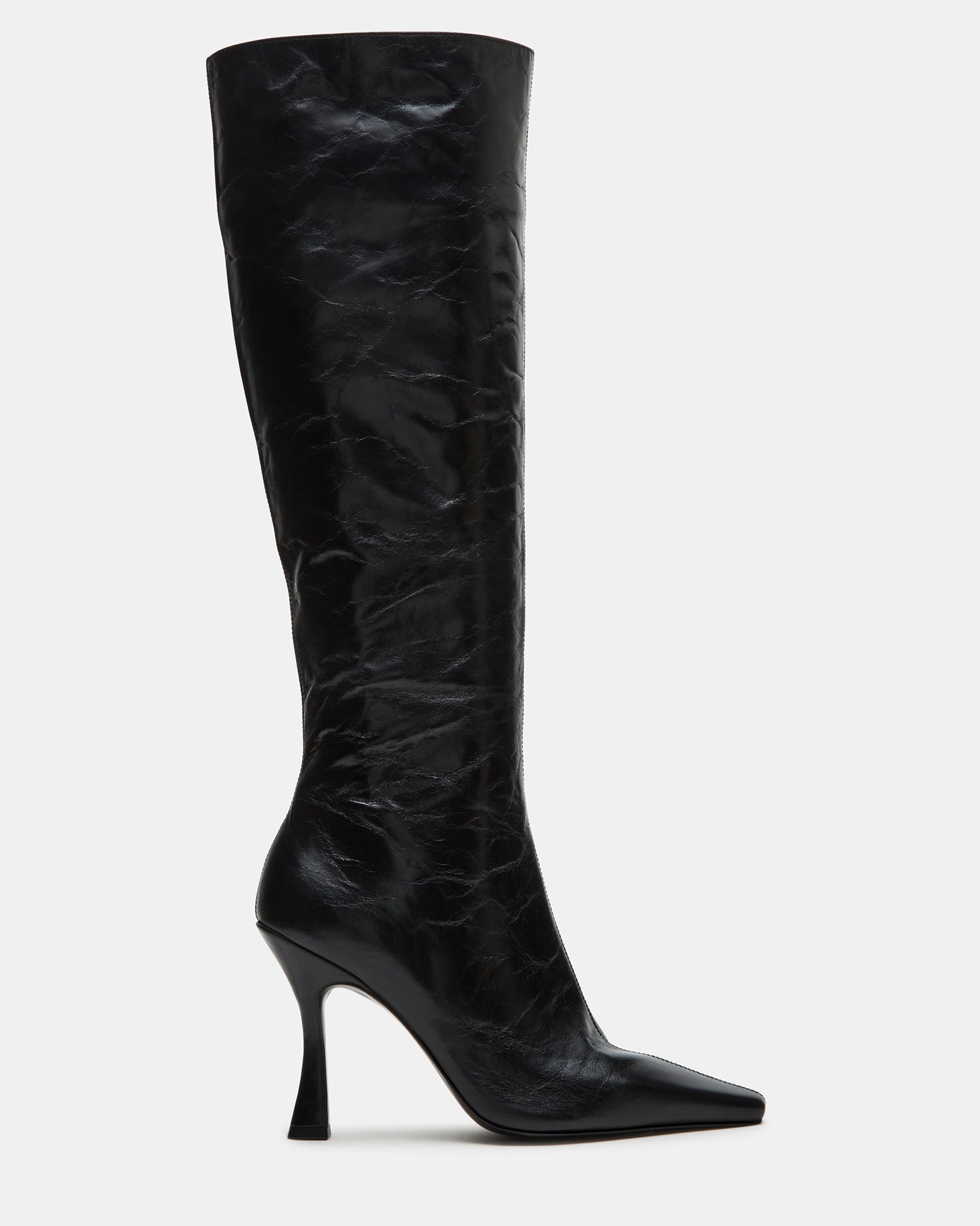Side view of Faye Elegance black leather knee-high boots showcasing their chic design.