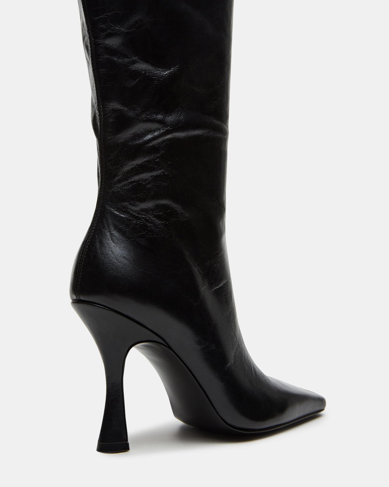 Side view of Faye Elegance black leather knee-high boots showcasing their chic design.