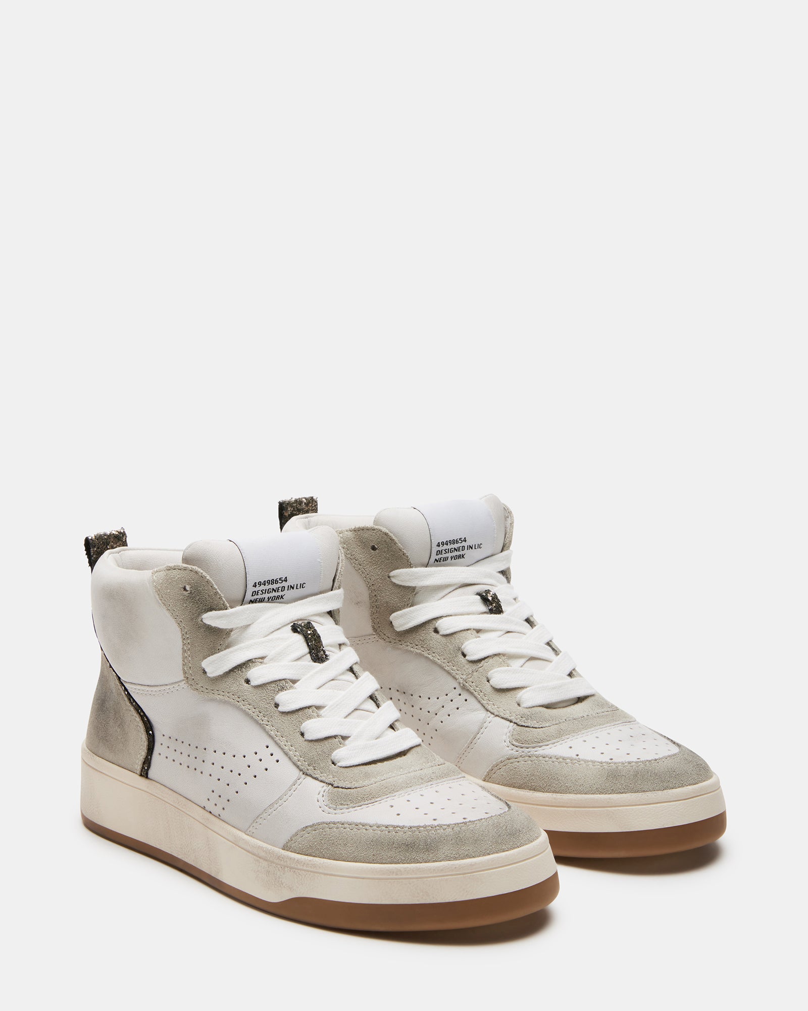 Overhead shot showing perforated toe and laced front on FINNIAN high top shoes.