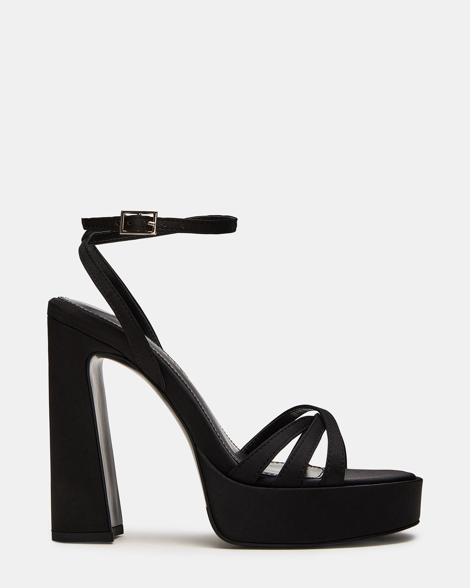 Fleet black strappy platform heels showcasing crisscross design from the back.