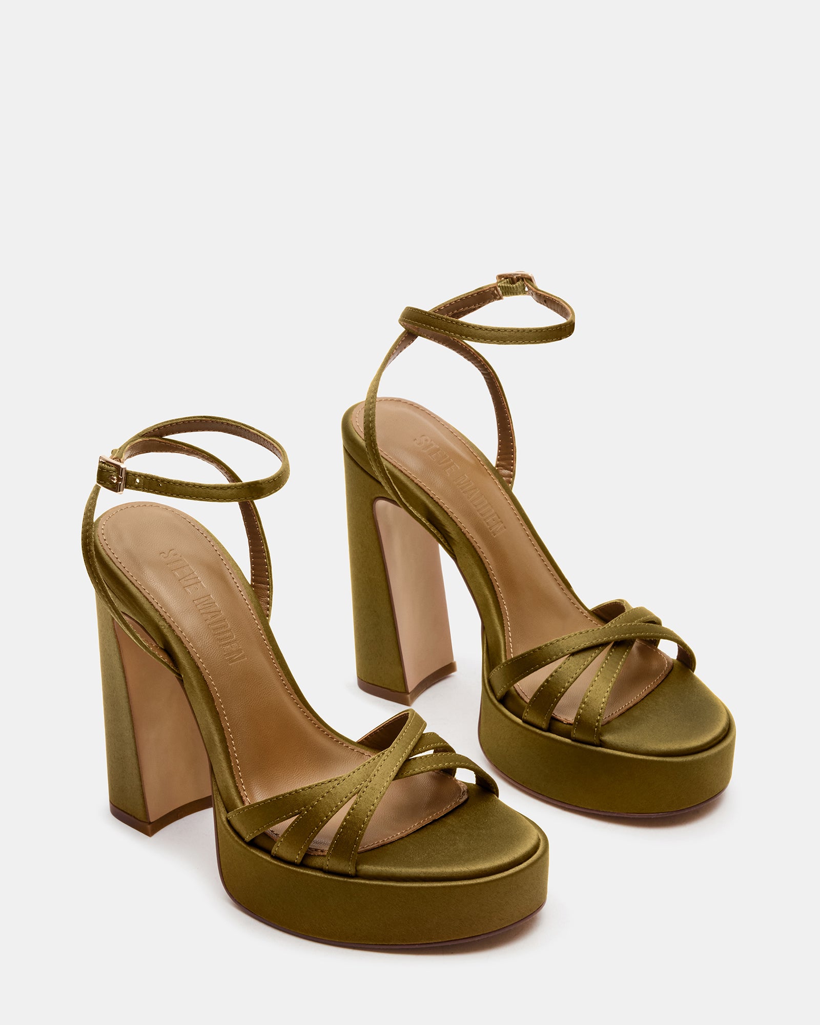 Close-up of the crisscross back and platform heel for added stability.