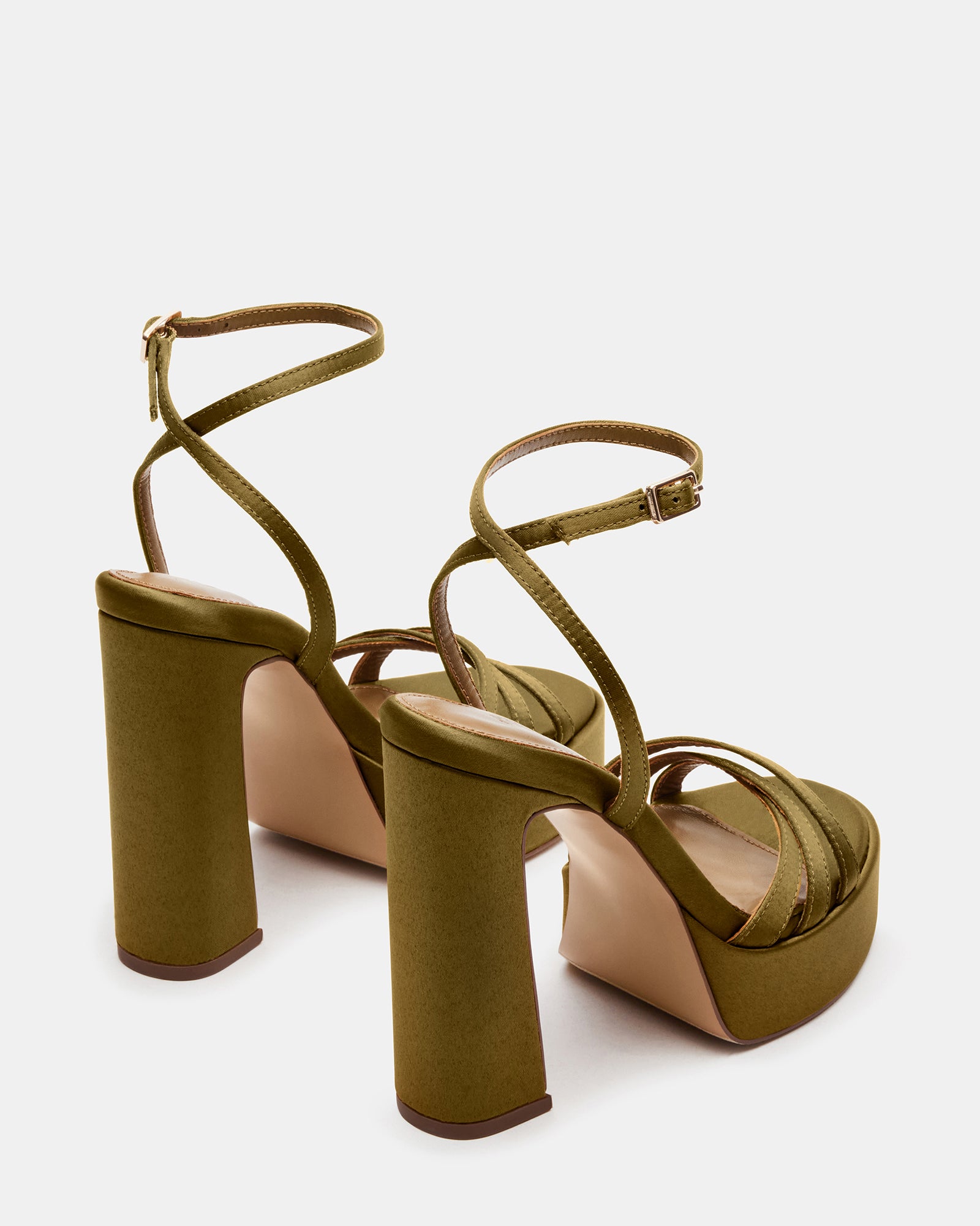 Close-up of the crisscross back and platform heel for added stability.