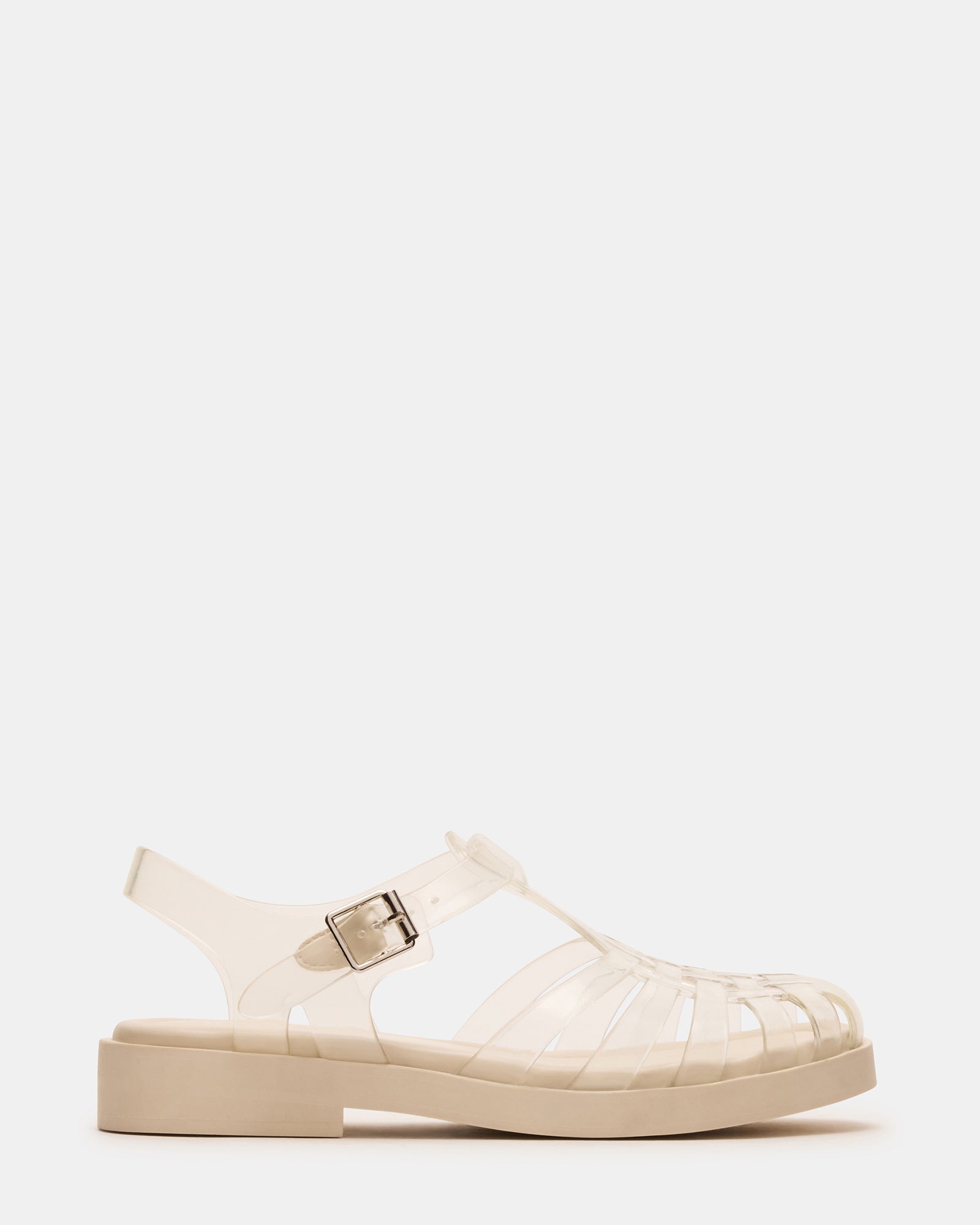Black platform fisherman sandals with transparent jelly upper and sturdy sole