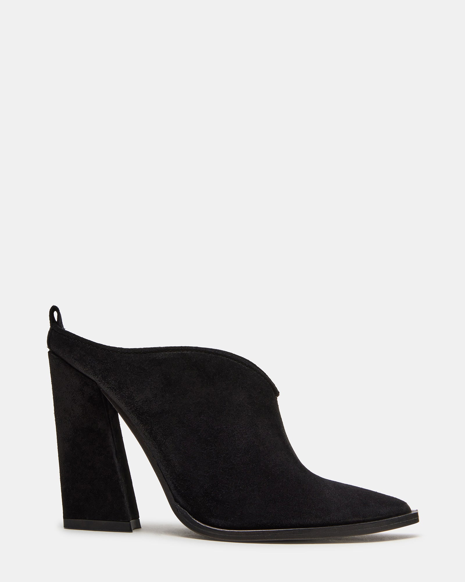 Side view of black suede heels with block heel and pointed toe, set against studio backdrop.