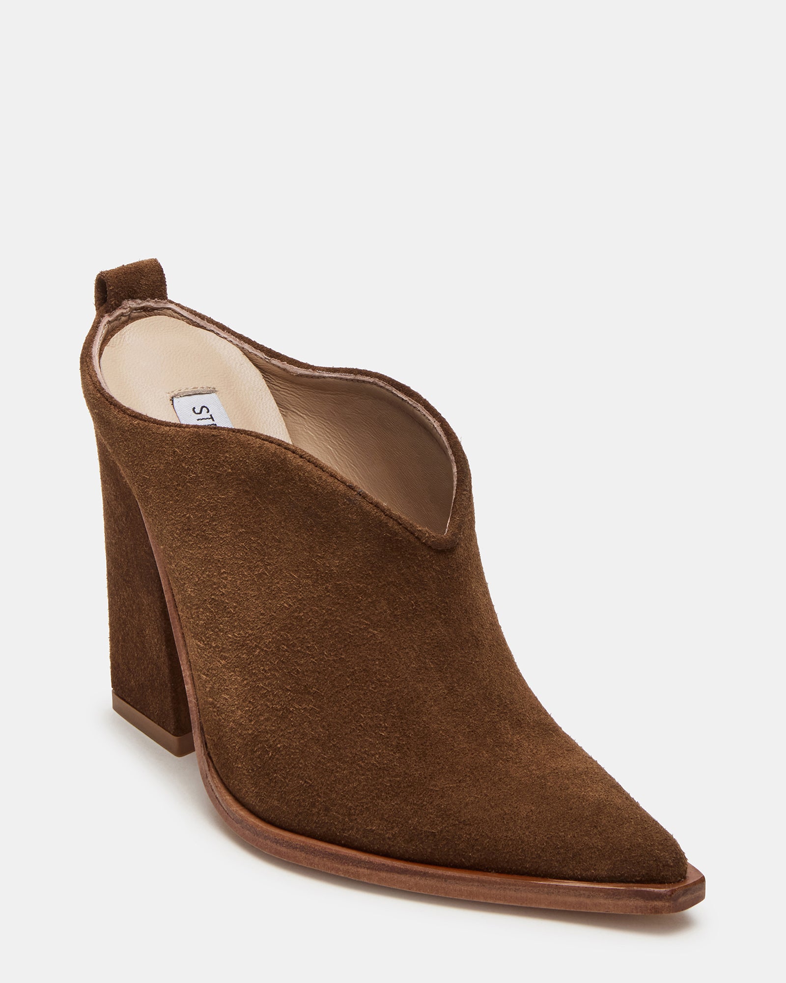 Close-up of chestnut suede texture and pointed toe design