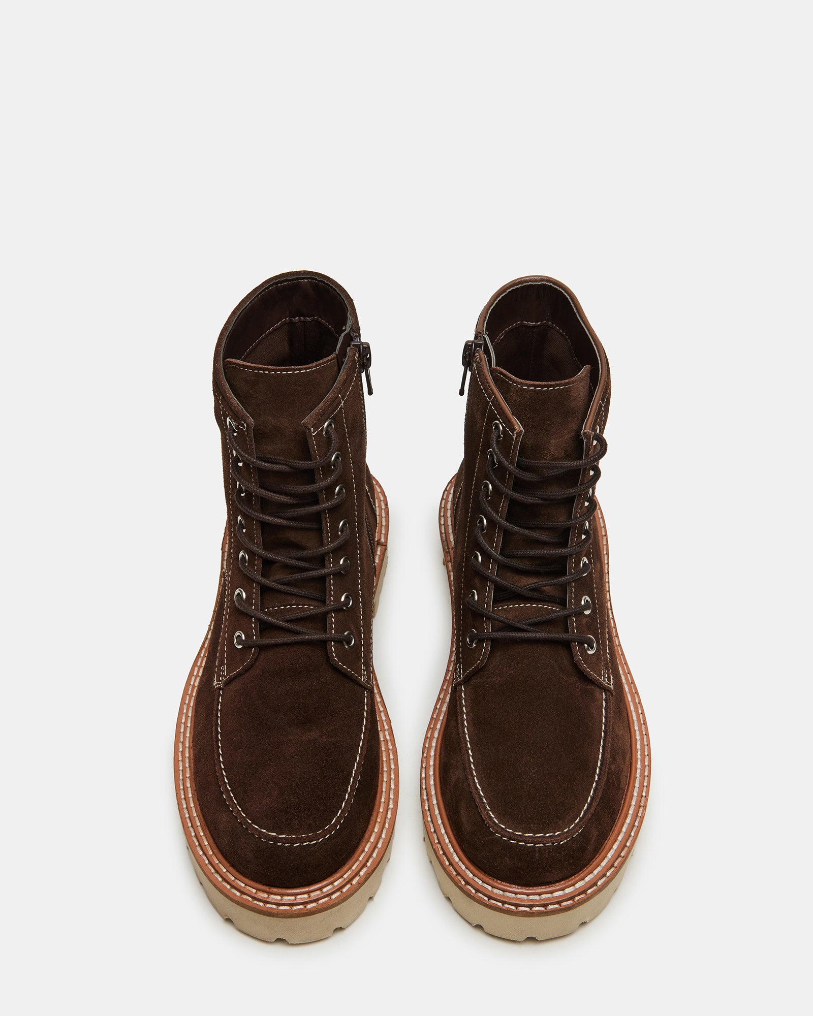 Front view of brown suede boots showing rounded toe and lace-up fit