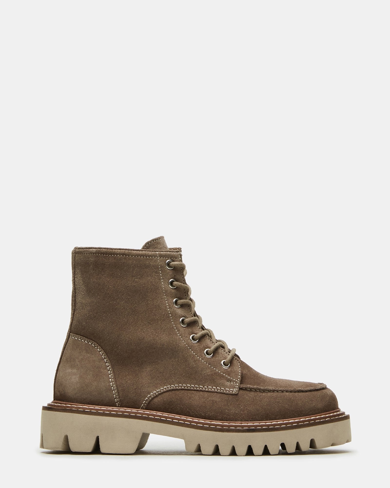 Side view of Forest Taupe ankle boots showcasing suede texture and lug sole
