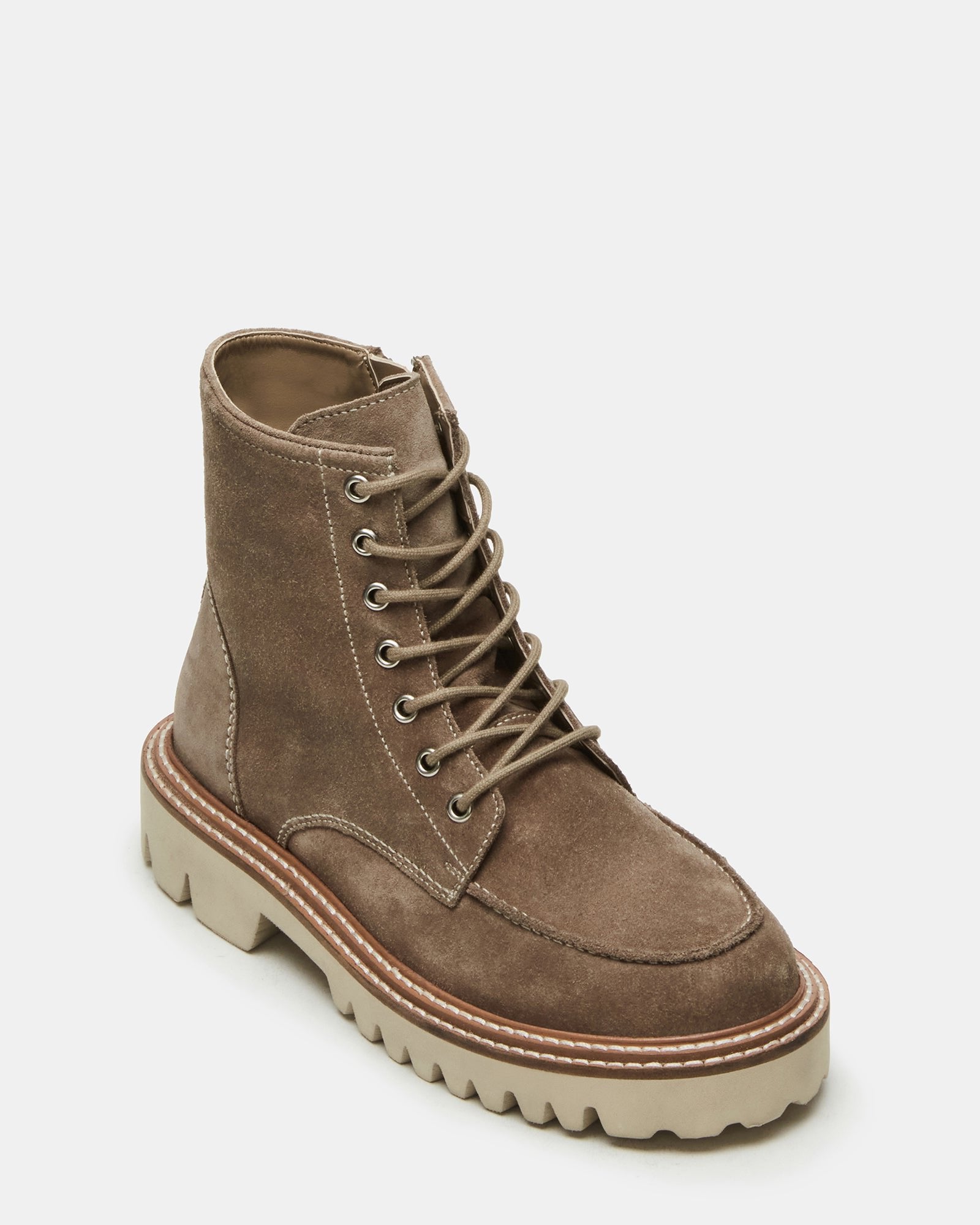 Front angle of womens ankle boots with detailed lace-up design