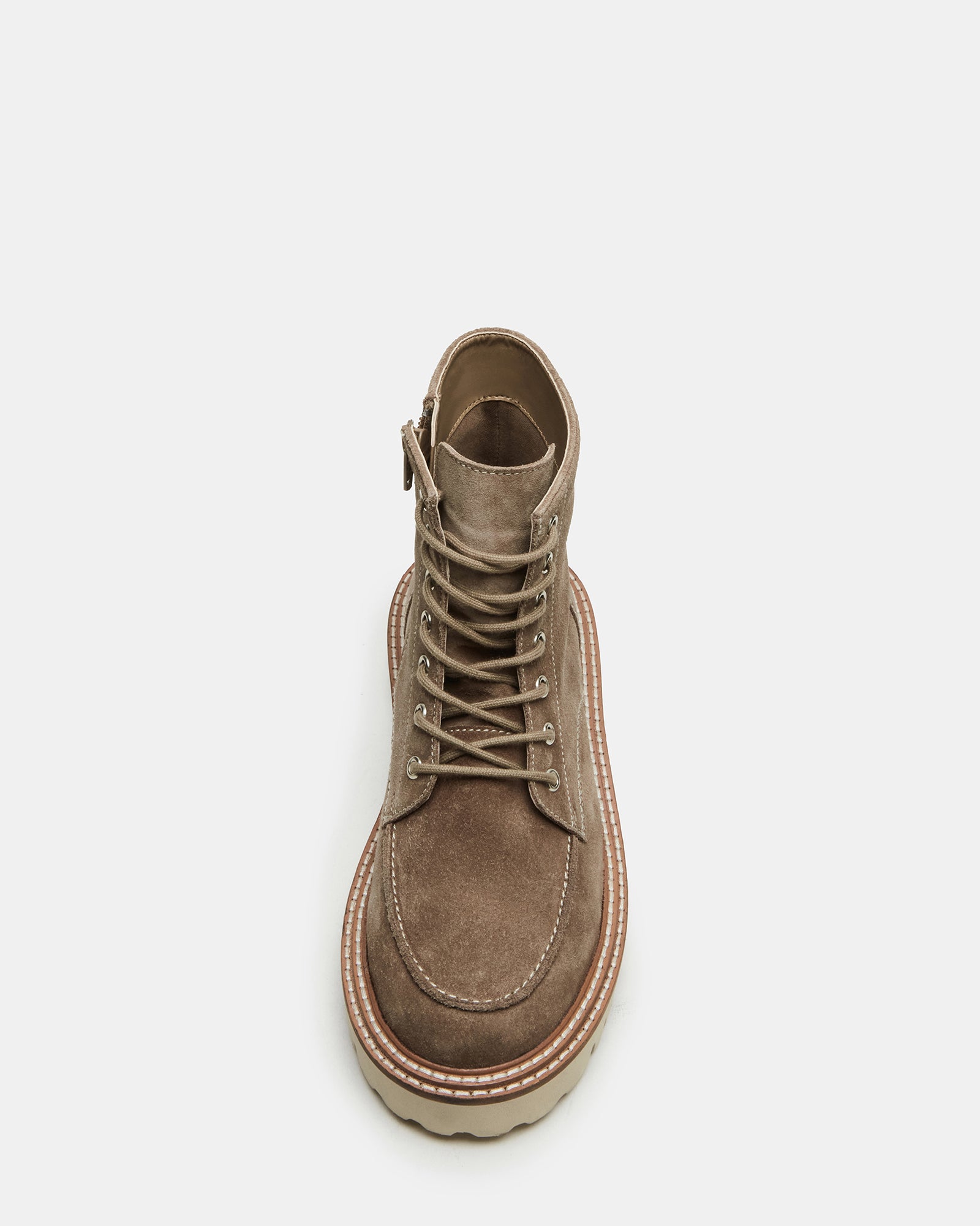 Side view of Forest Taupe ankle boots showcasing suede texture and lug sole