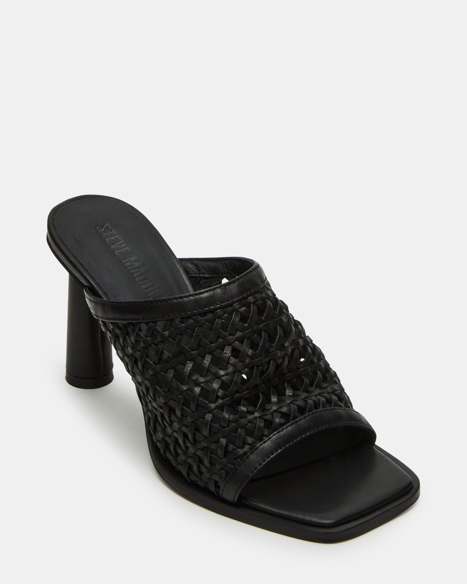 Close-up of the Fresca Noir heeled mules highlighting the synthetic material.