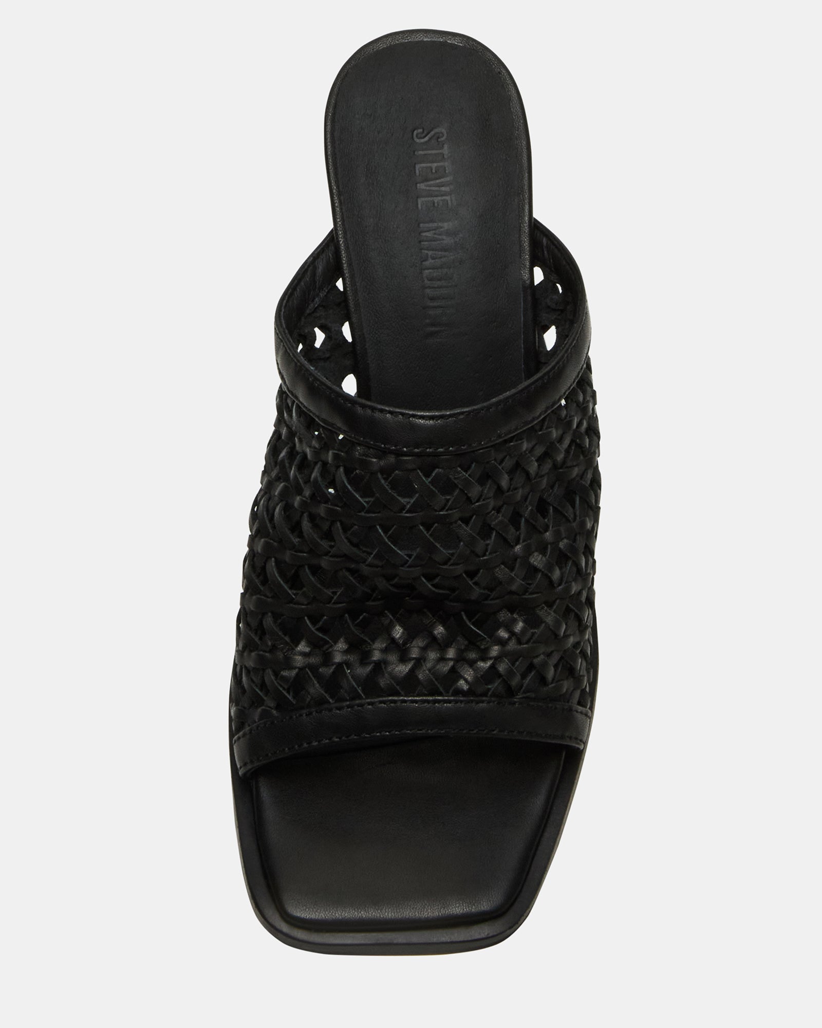 Fresca Noir square-toe mule heels from the side, showcasing their elegant design.
