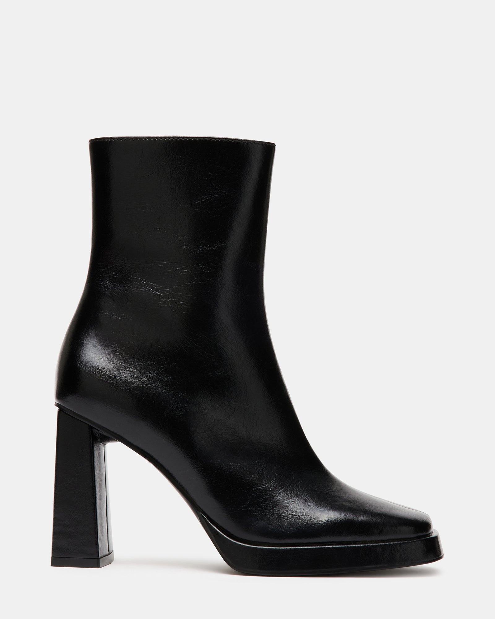 Side view of FREYA black leather square toe booties showcasing the chunky heel