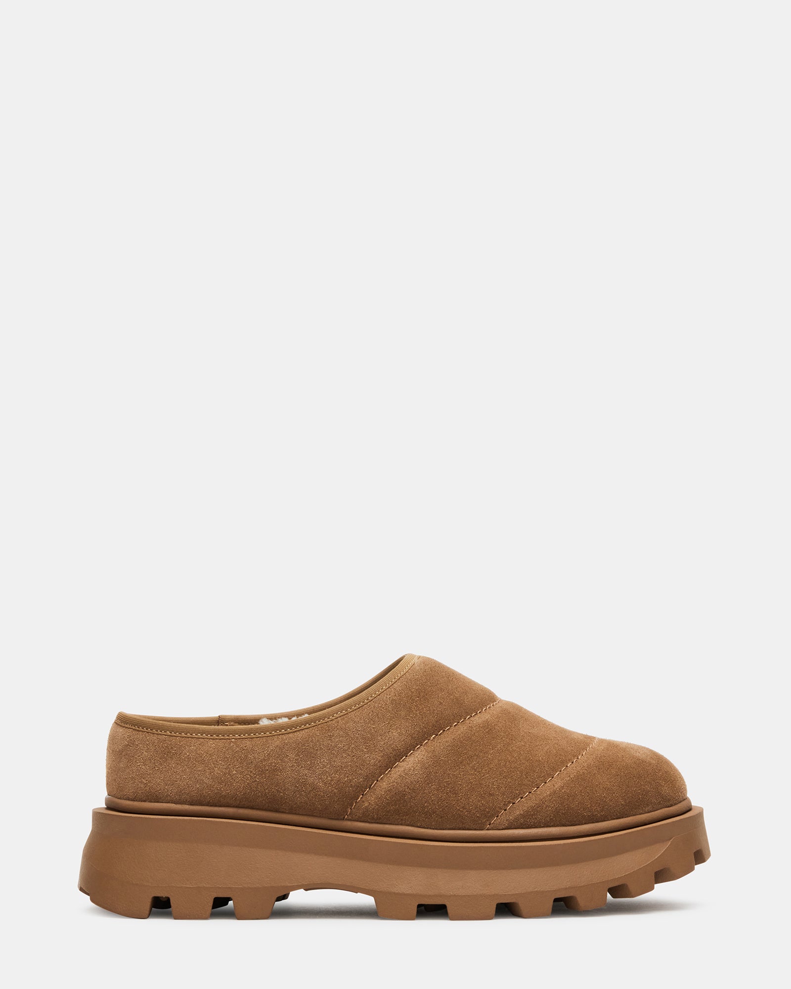 Side view of cozy faux fur lined slip-on shoes in chestnut suede