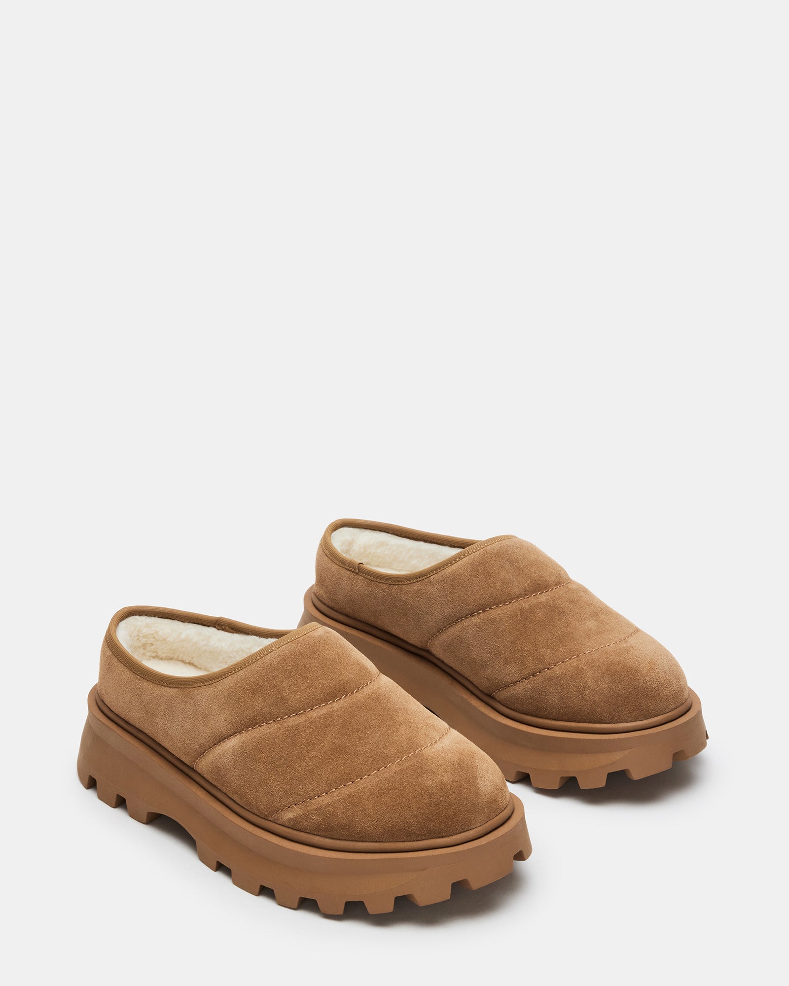 Close-up of suede upper and faux fur lining on womens slip-on shoes