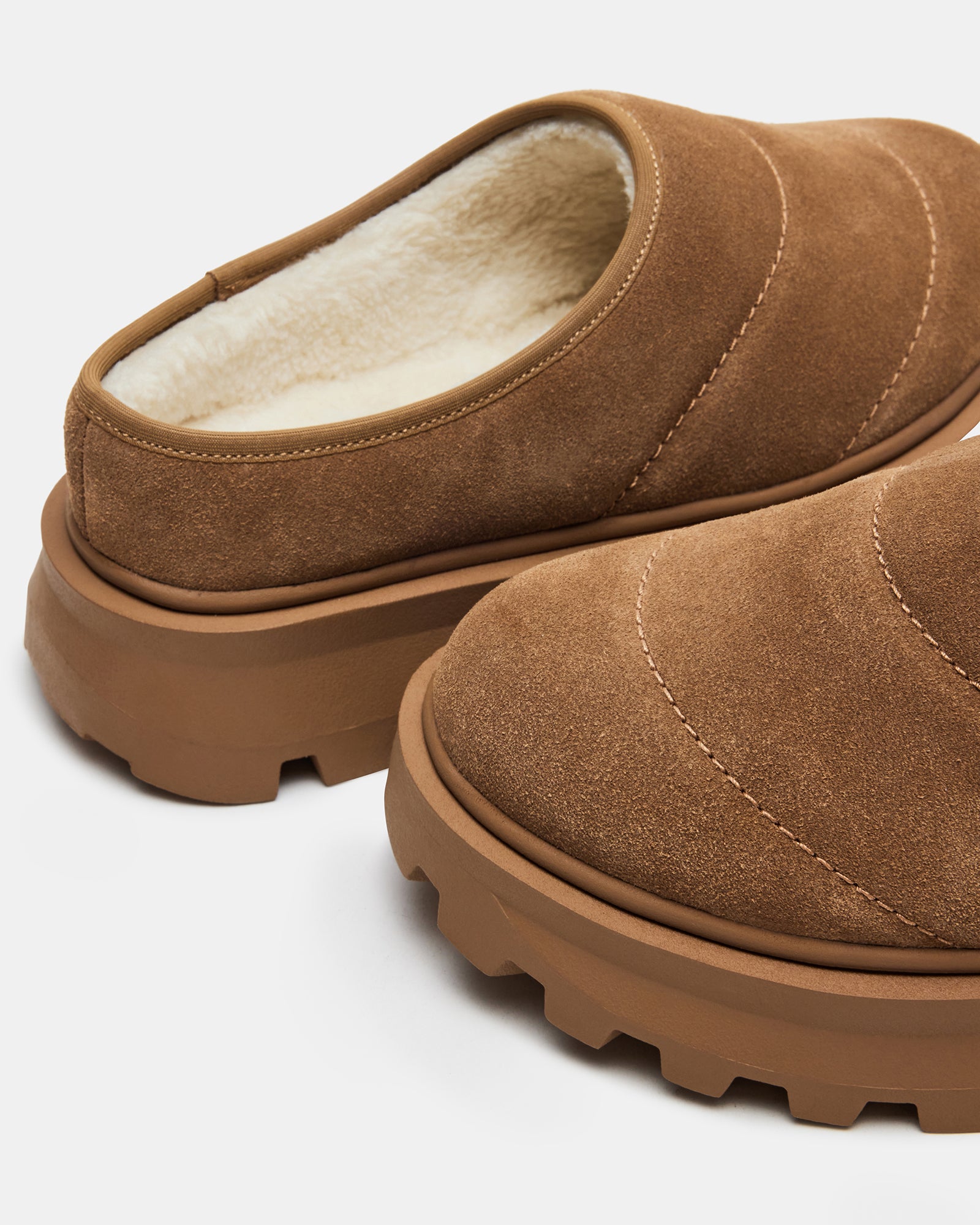 Side view of cozy faux fur lined slip-on shoes in chestnut suede
