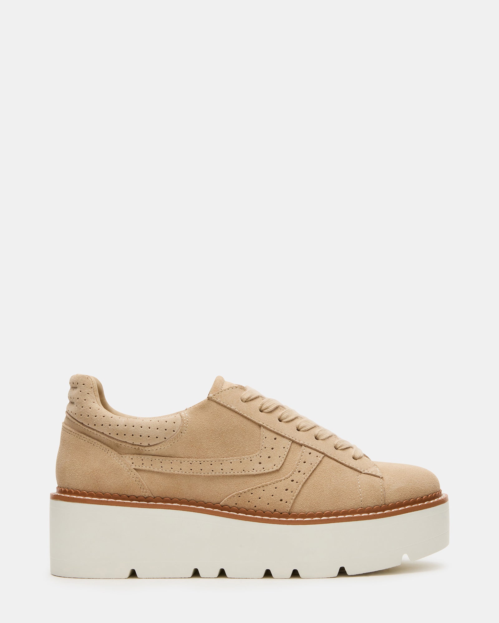 Side view of Fuse Tan Suede Platform Sneakers on a wooden surface