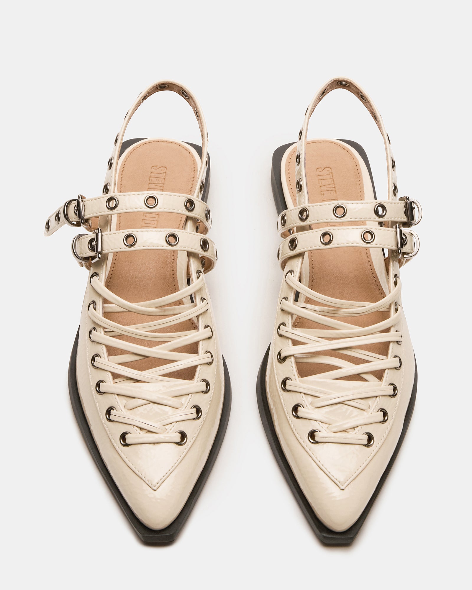 Side angle of black ballet flats with slingback strap detail