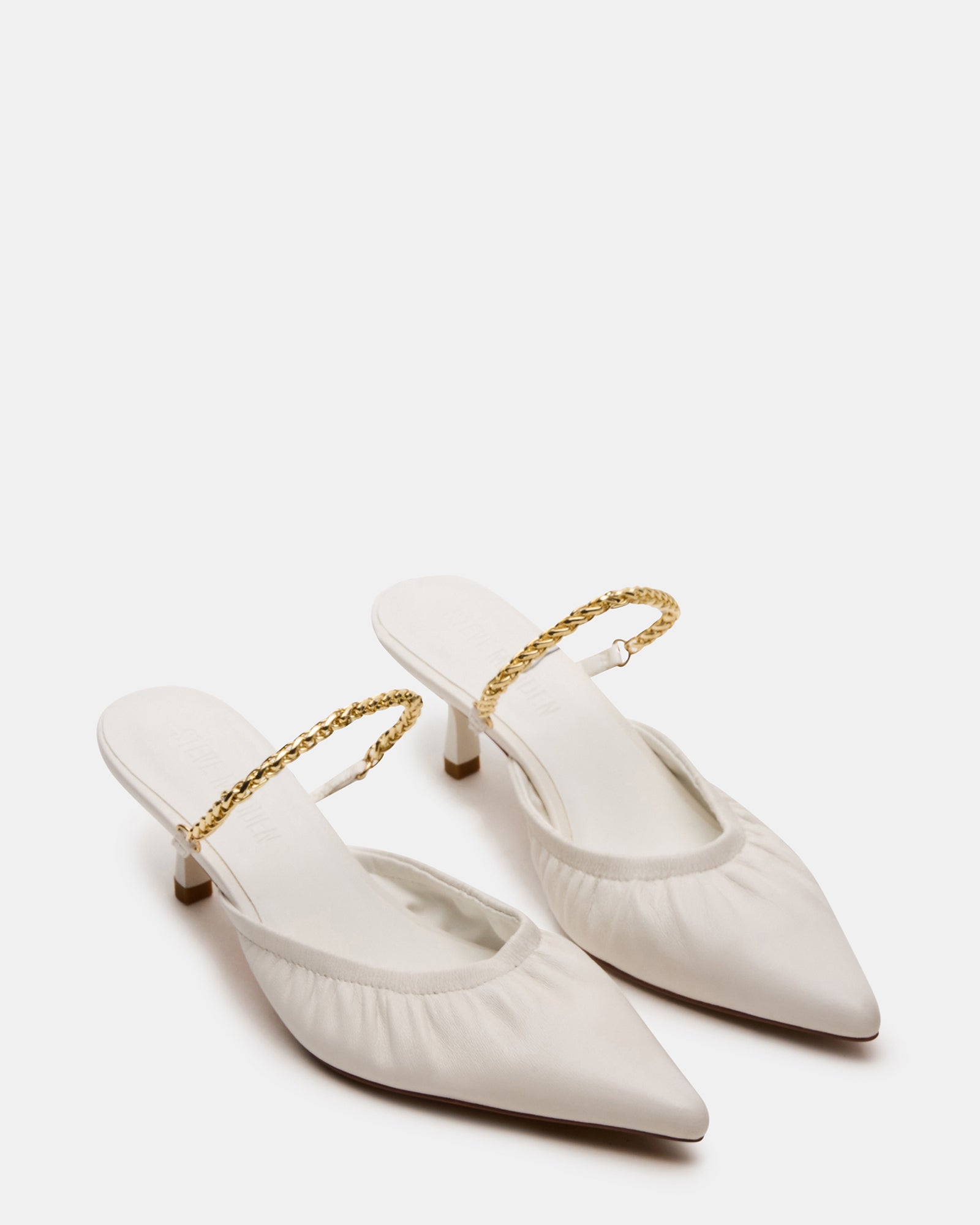Close-up of the chain strap detail on Gala mules