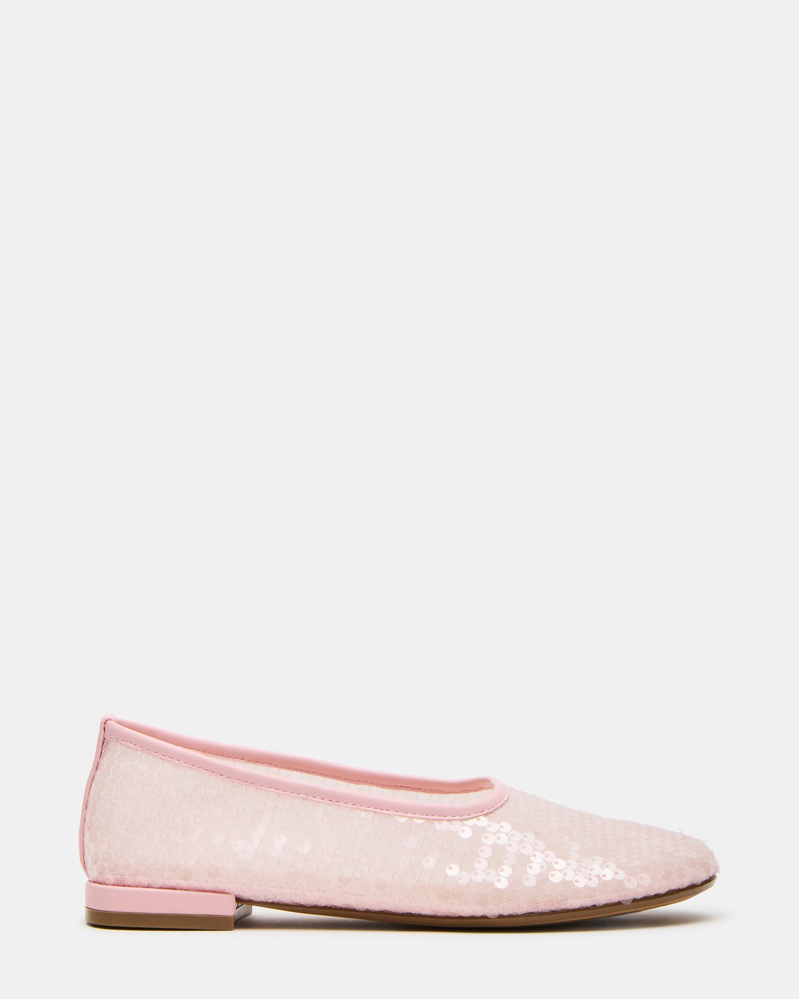 Close-up of pink ballet flats showcasing sequin detail and sleek toe shape