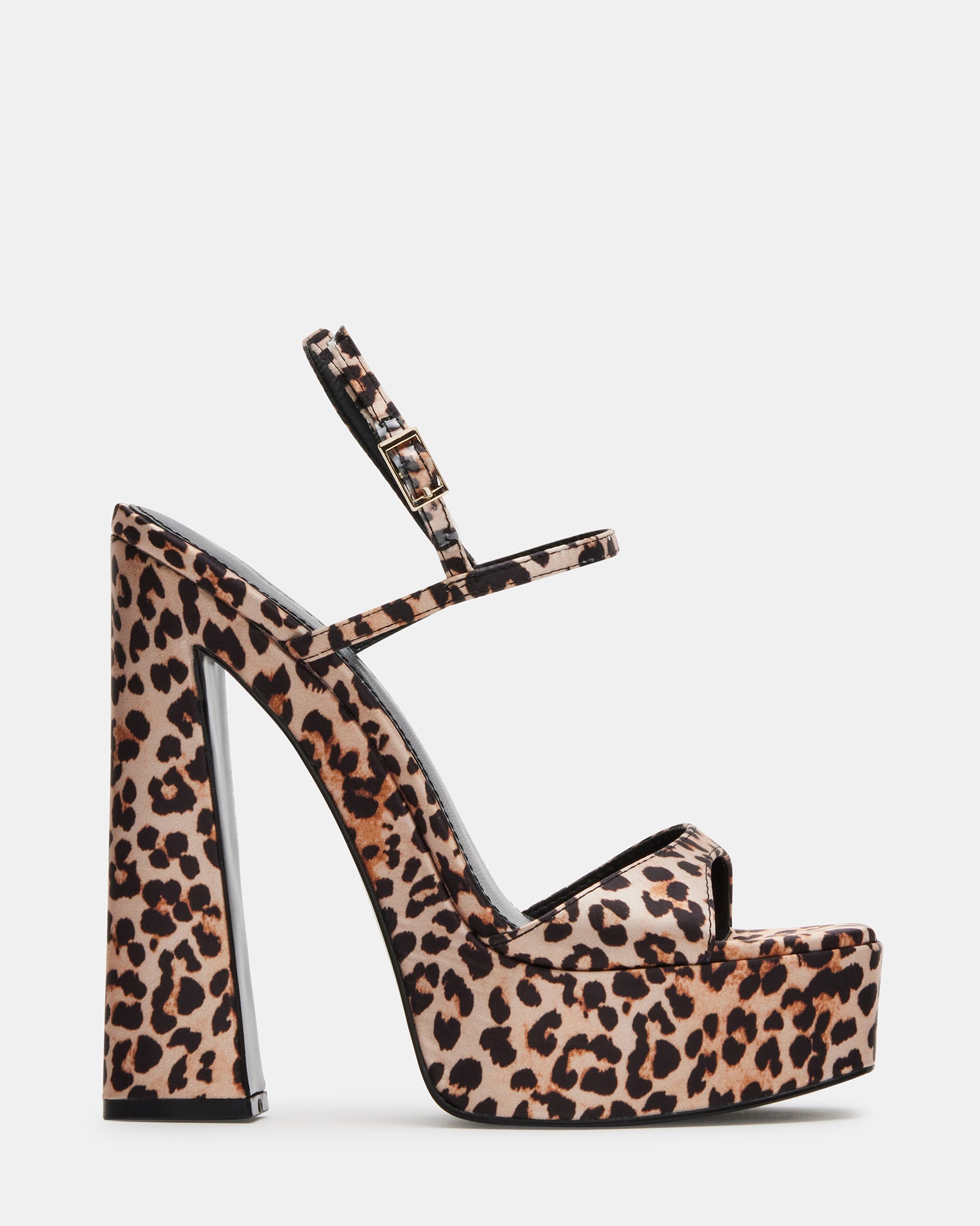 Close-up of leopard satin block heel shoes with open toe design