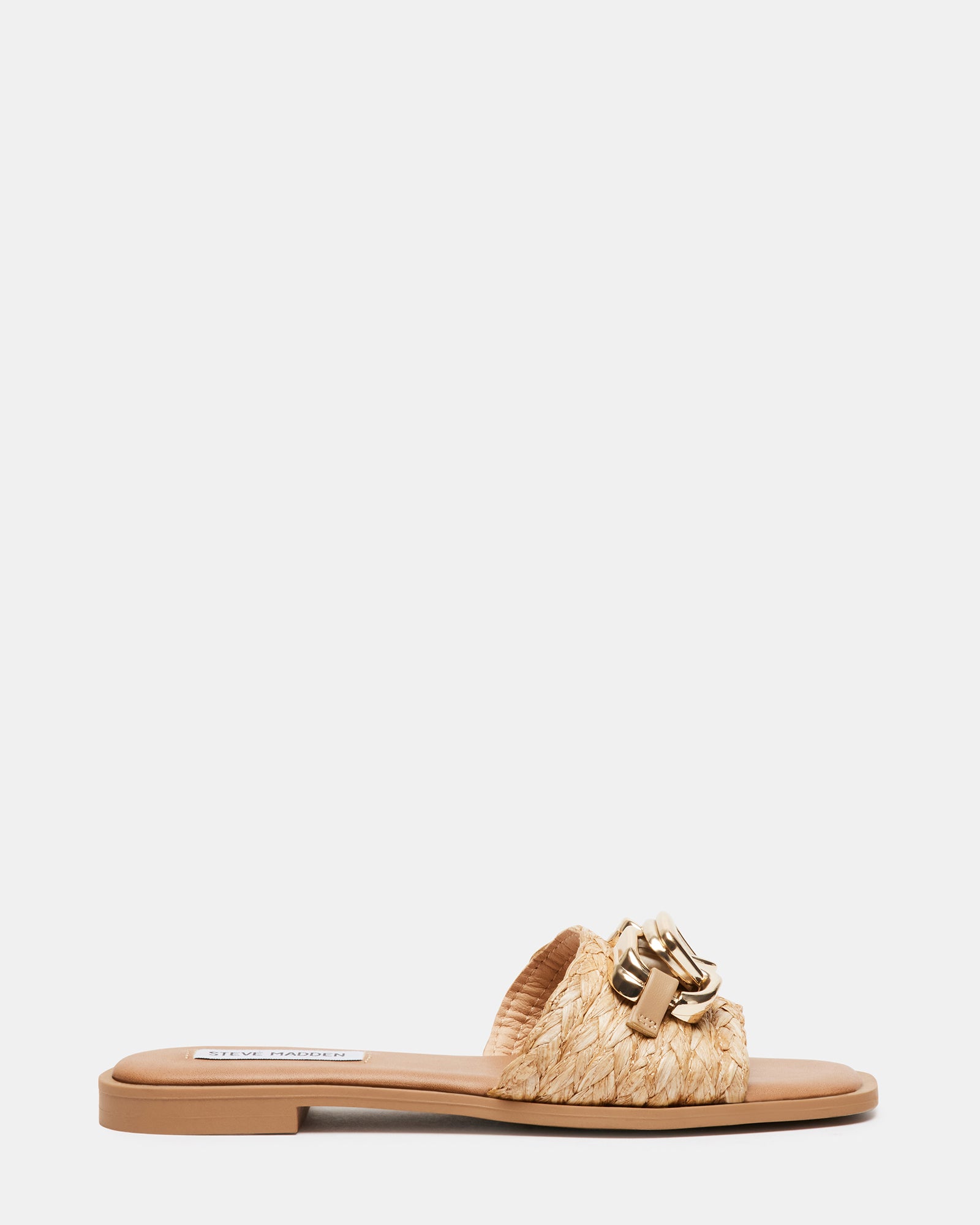 Gene Raffia women's flat slide sandals with gold chain detail, side view, summer style