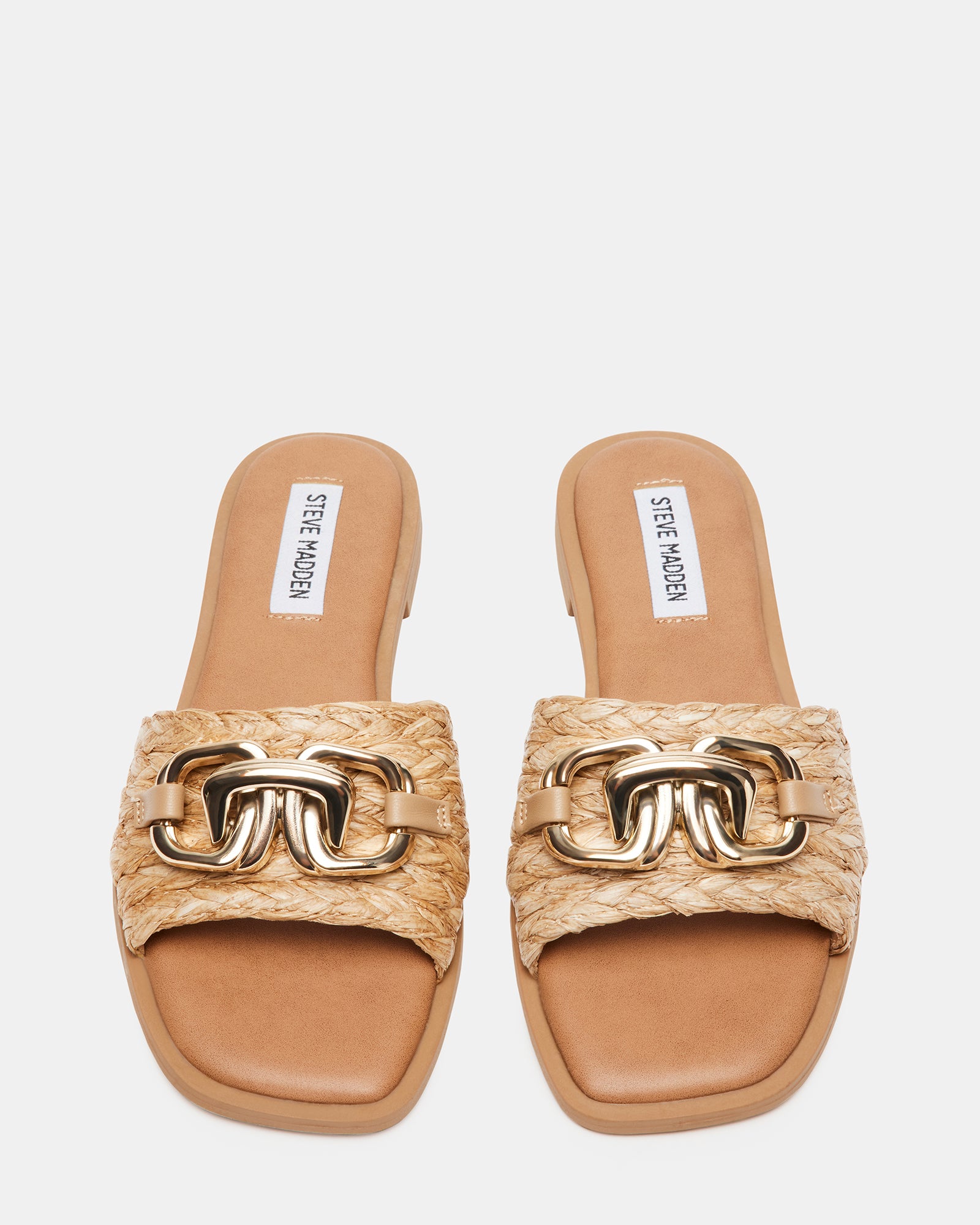 Gene Raffia womens flat slide sandals with gold chain detail, side view, summer style